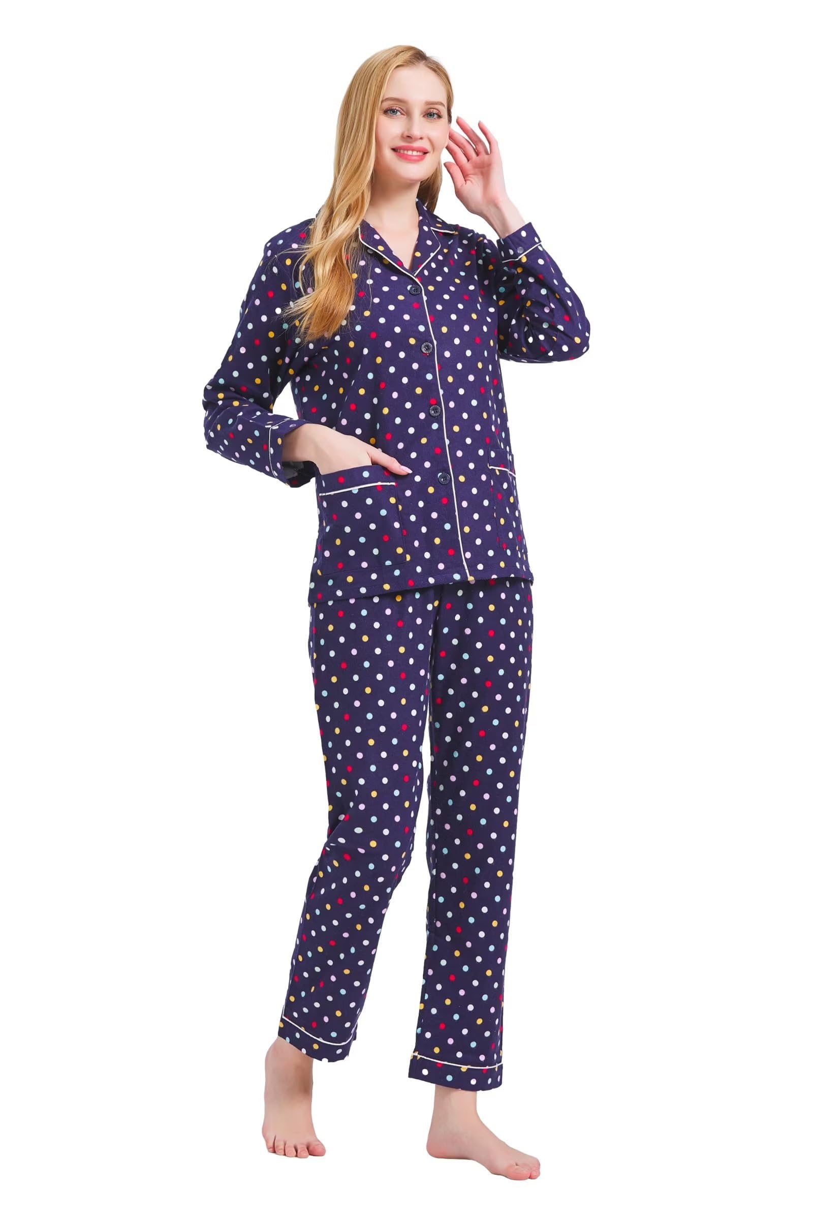 GLOBAL Women's Flannel Pajamas Set 100% Cotton PJs for Women Long Sleeve Button Drawstring Waist Warm Loungewear Sleepwear