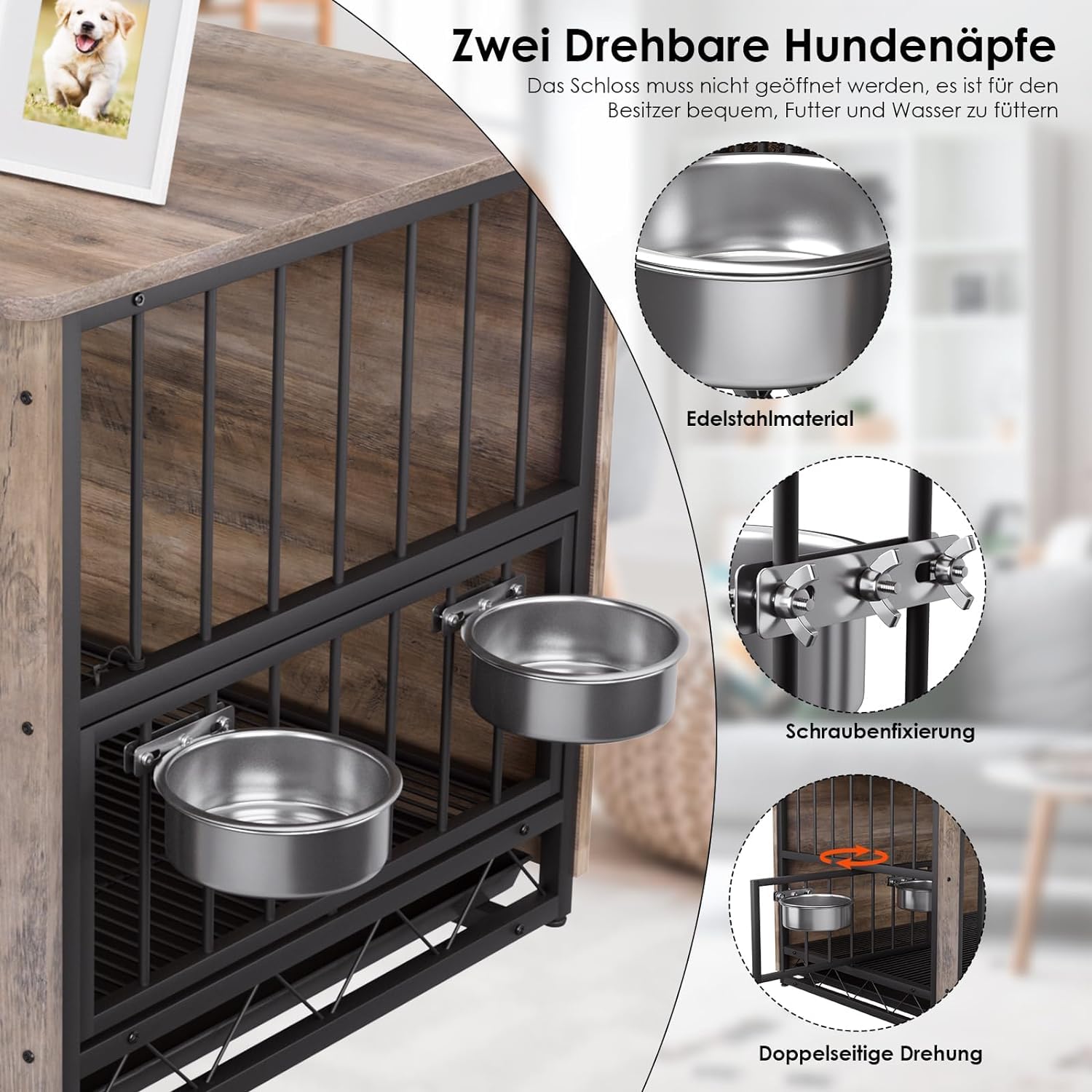 Gabbia per Cani da Interno, 93x64x58 cm, Kennel Medio Piccolo, Casetta Con 2 Ciotole e Porte, Vassoio Estraibile, per Cani di Piccola Media Taglia fino a 40 kg, Grigio