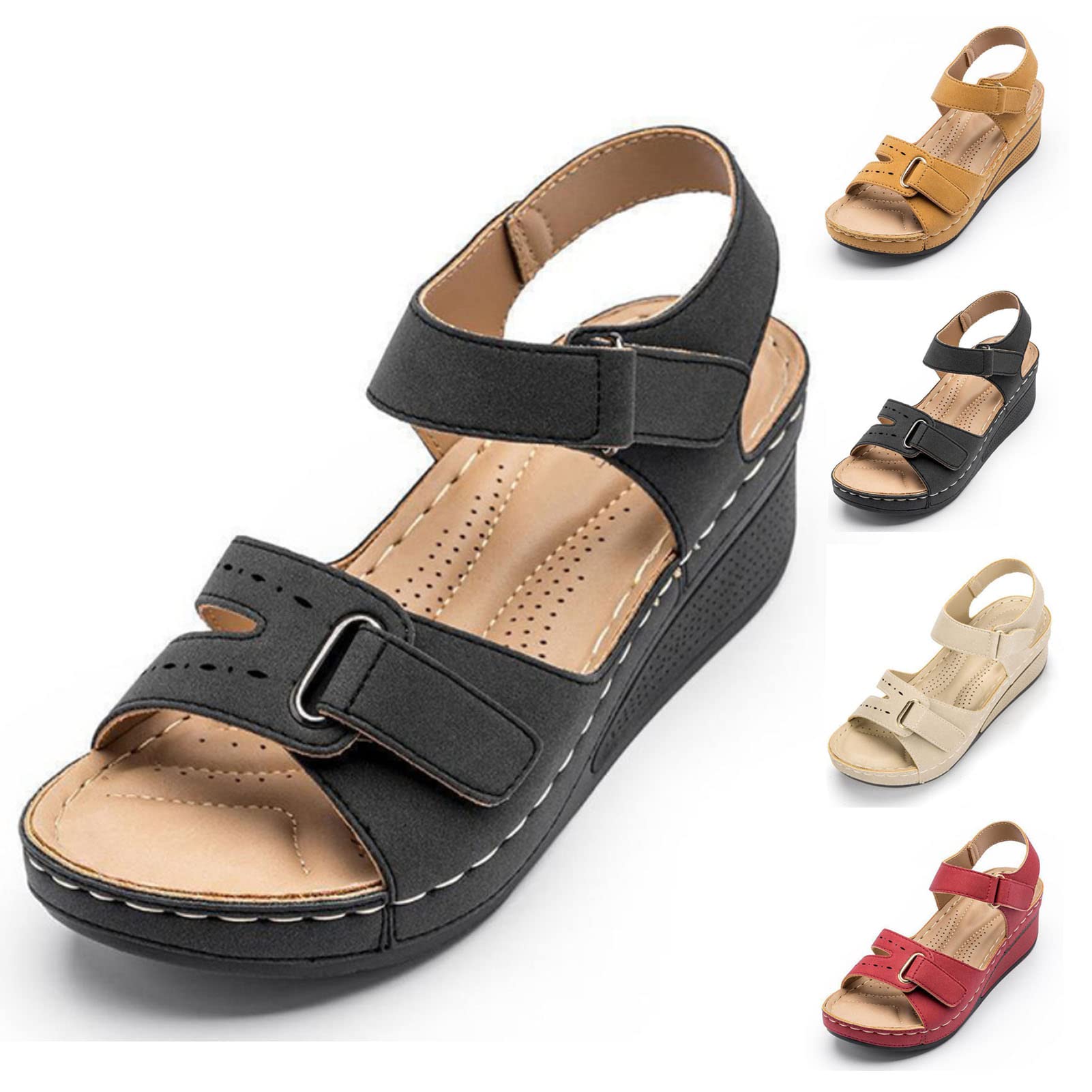 EEUKOrthopedic Sandals for Women with Arch Support Non Slip, Women Low Wedge Heel Sandals Open Toe Lady for Walking Slingback PU Leather Adjustable Hook and Loop Slides Sandals(Size:US 8,Color:Black)