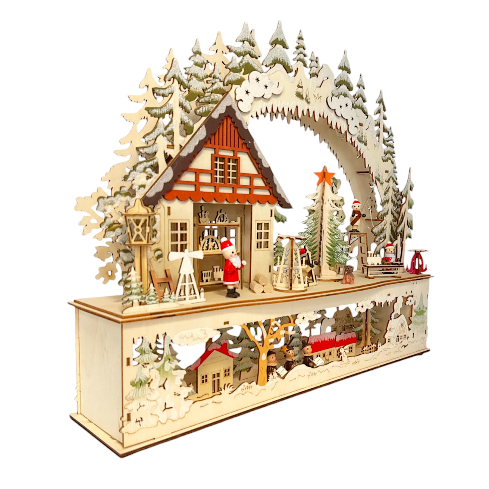 Wichtelstube-Kollektion XL LED Schwibbogen Wichtelwerkstatt Lichterbogen Weihnachten Echtholz beidseitig bemalt Schwippbogen mit Podest