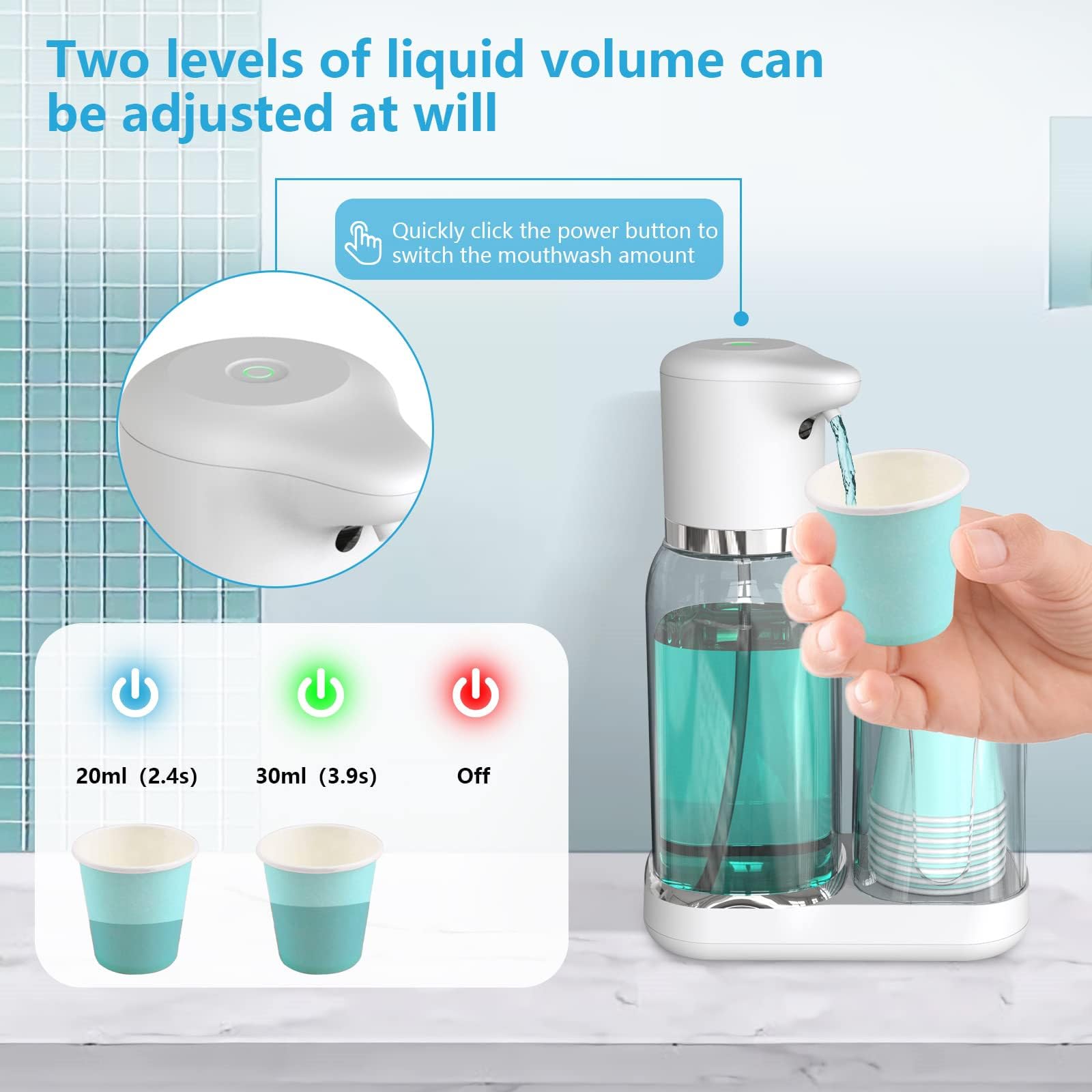Dispensador de enjuague bucal eléctrico con niveles de líquido ajustables, diseño recargable para encimera de baño, organizador de tazas