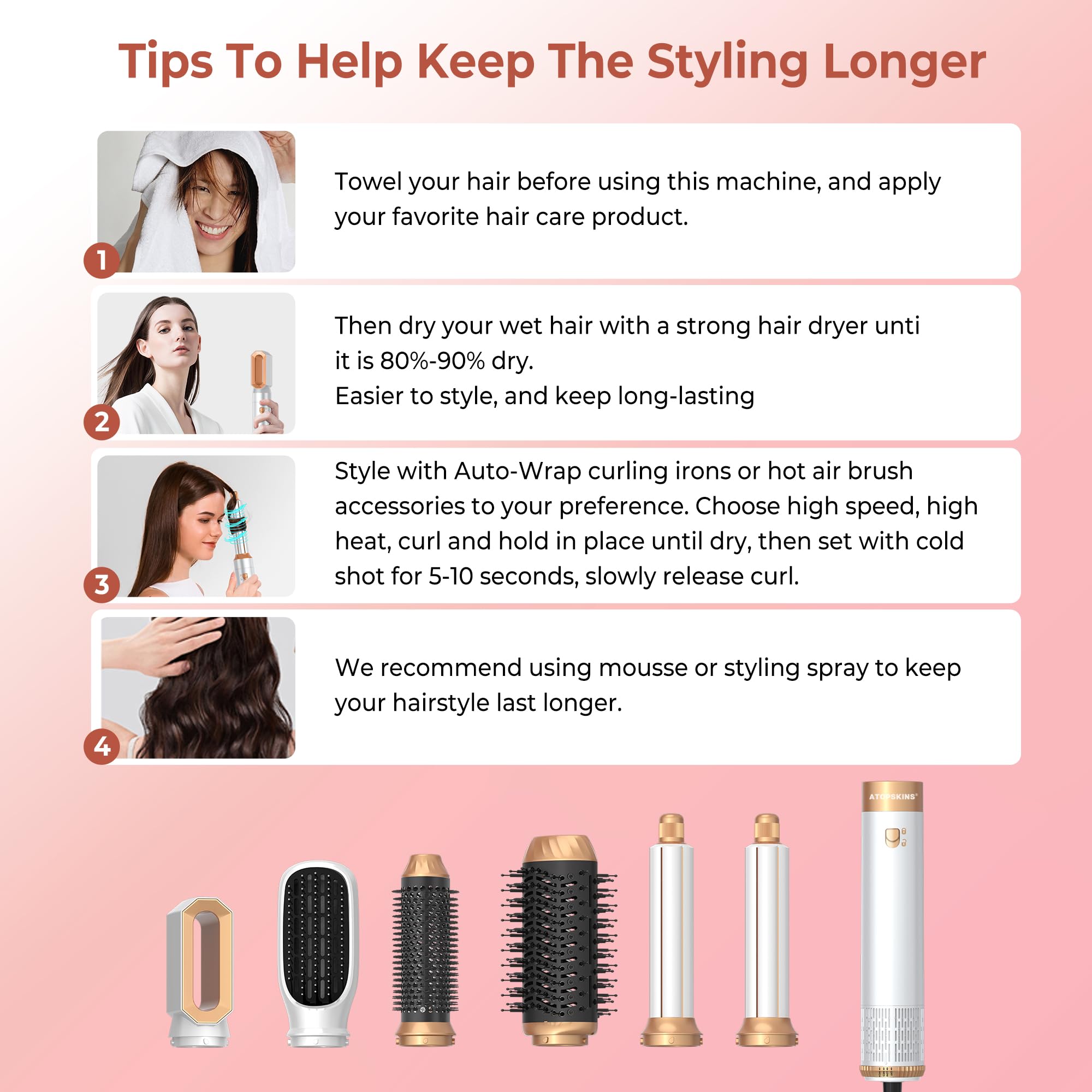 Atopskins hairstyler 6 in 1 Air Styler set mit 1000W Haartrockner, Lockenstab, Warmluftbürste, Föhnbürste, Rundbürstenföhn, Glättbürste, Geben Sie dem Haar Volumen, Glätten, Locken und Föhnen