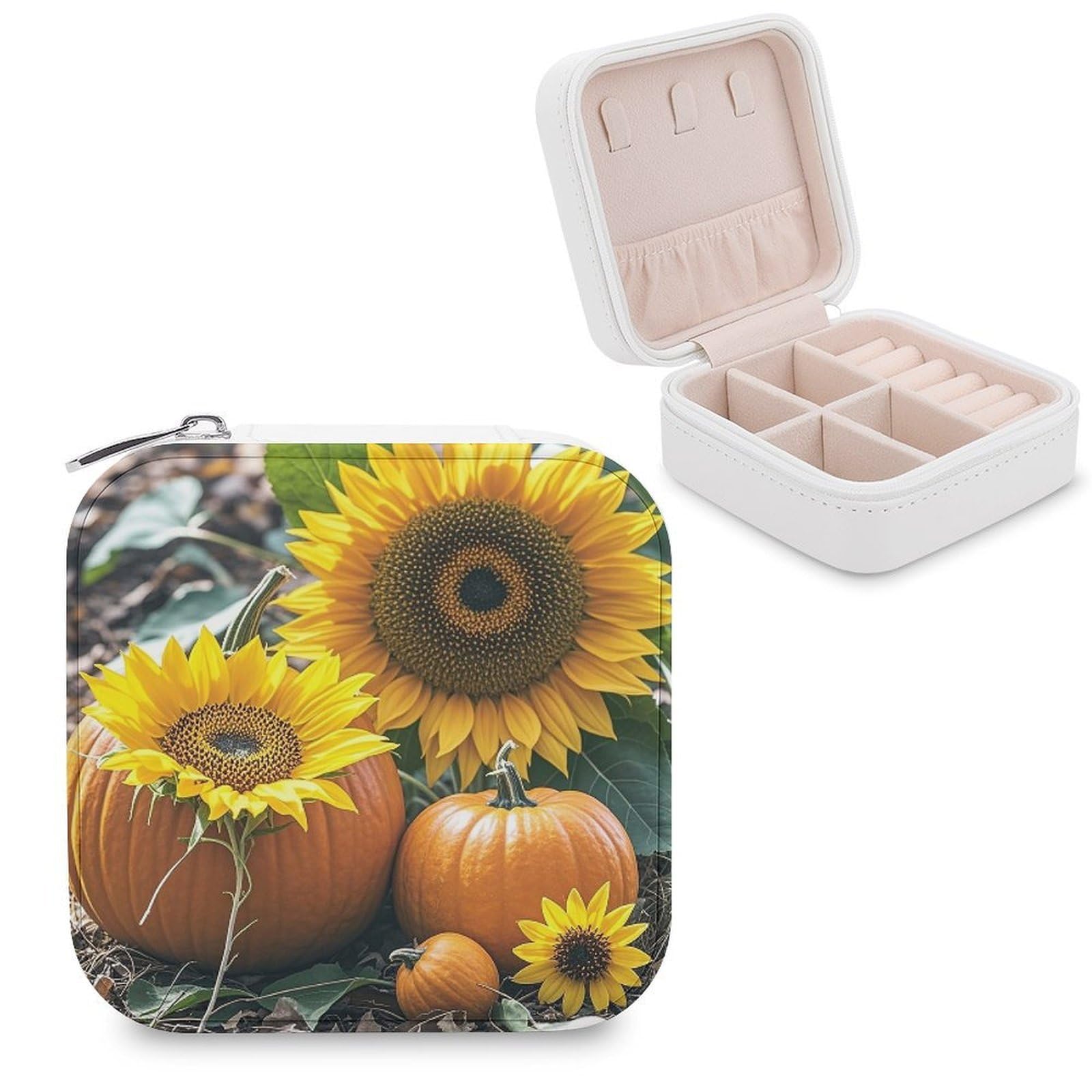 LZQPOEAS Pumpkins And Flowers Jewelry Box Mini Jewelry Travel Case Trendy Stuff Ring Box Custom PU Leather Jewelry Boxes Portable Jewelry Case Earring Storage Organizer for Girls Women