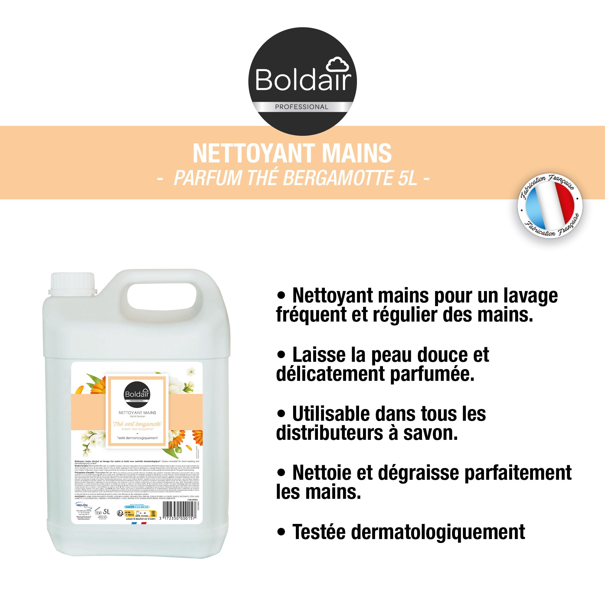 BOLDAIR Bidon de 5 litres de savon crème lavante Mains Thé Vert Bergamote 5L