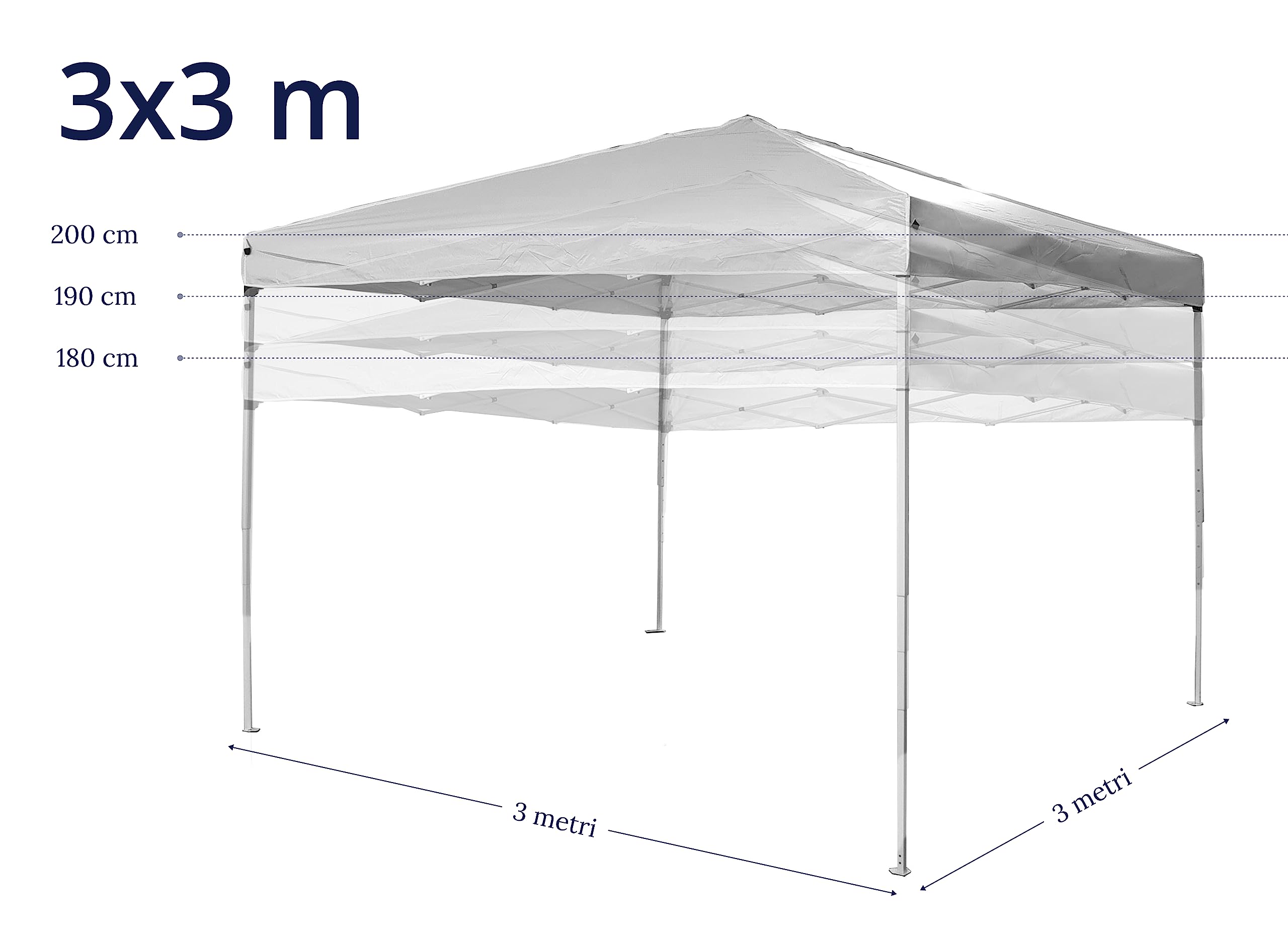 Gazebo Pieghevole Impermeabile 3x3 in Acciaio con 3 Pareti Laterali, Poliestere 160 gr/mq