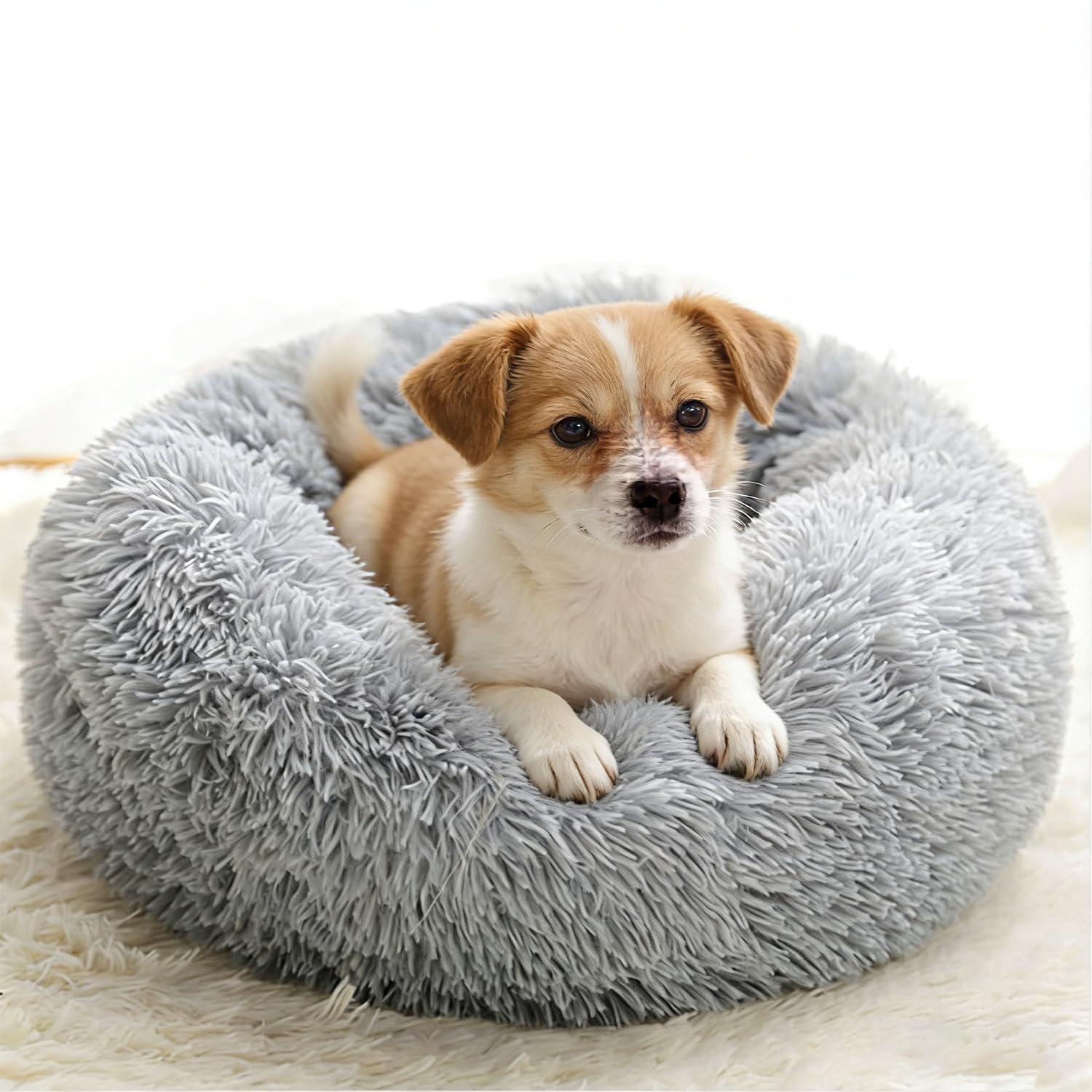 Fluffy Donut Dog Cat Bed for Medium Small Dogs Cats, Calming Dog Cat Bed, Soft and Plush Dog Doughnut Pillow Basket, Luxury Pet Cushion Warming Round Puppy Beds, Machine Washable, Grey 60cm
