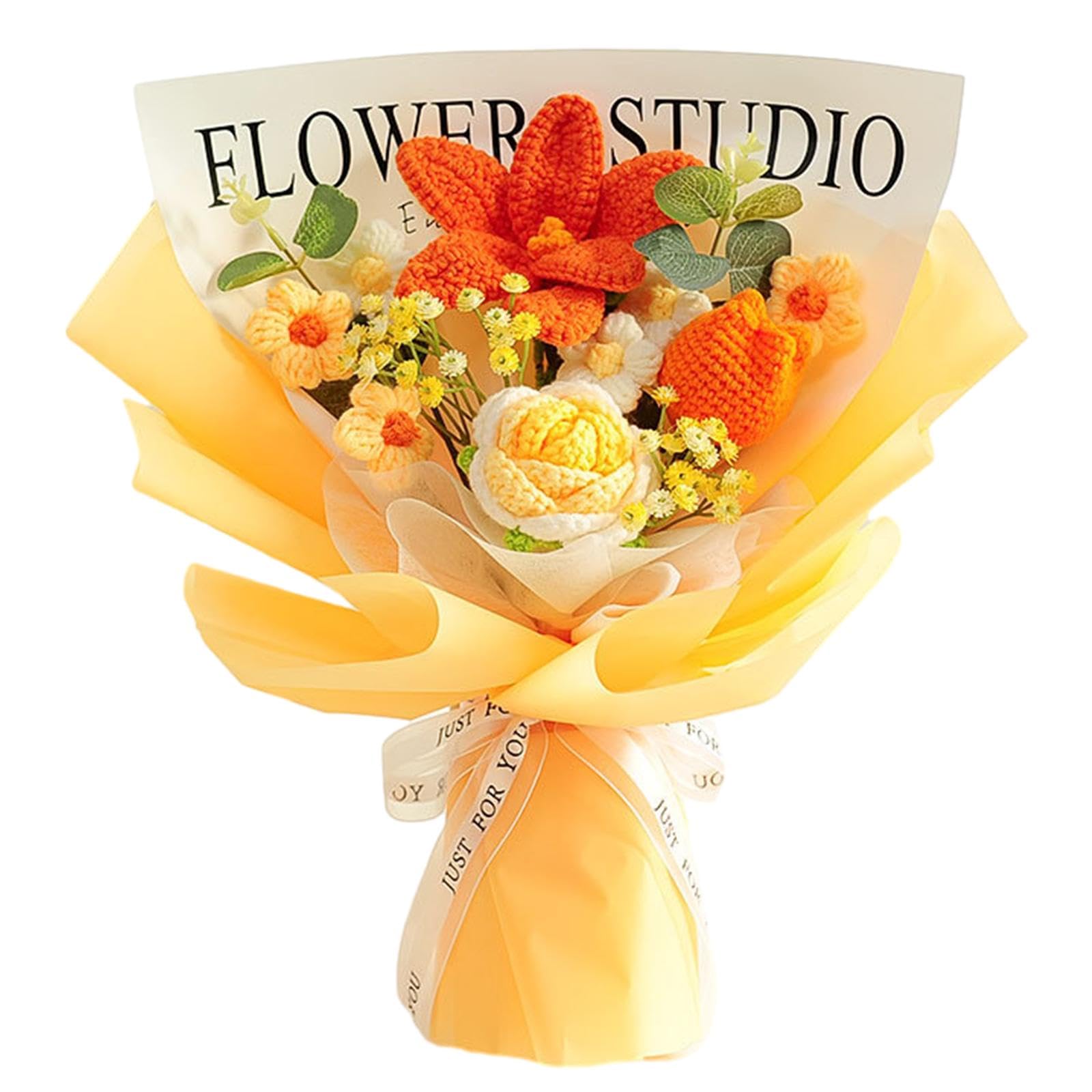 Gralara Gehäkelter Blumenstrauß, bereits hergestellter künstlicher Blumenstrauß, gestrickte Blumen für Zuhause, gelbe Rosenblüte