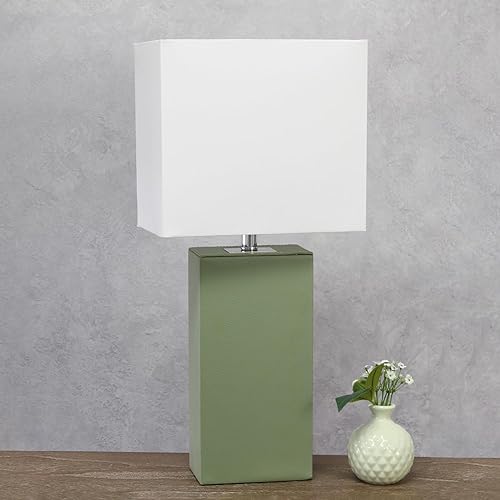 Miniatura 4 de Elegant Designs LT1025-SGE Lámpara de mesa moderna de cuero con pantalla de tela blanca, verde salvia