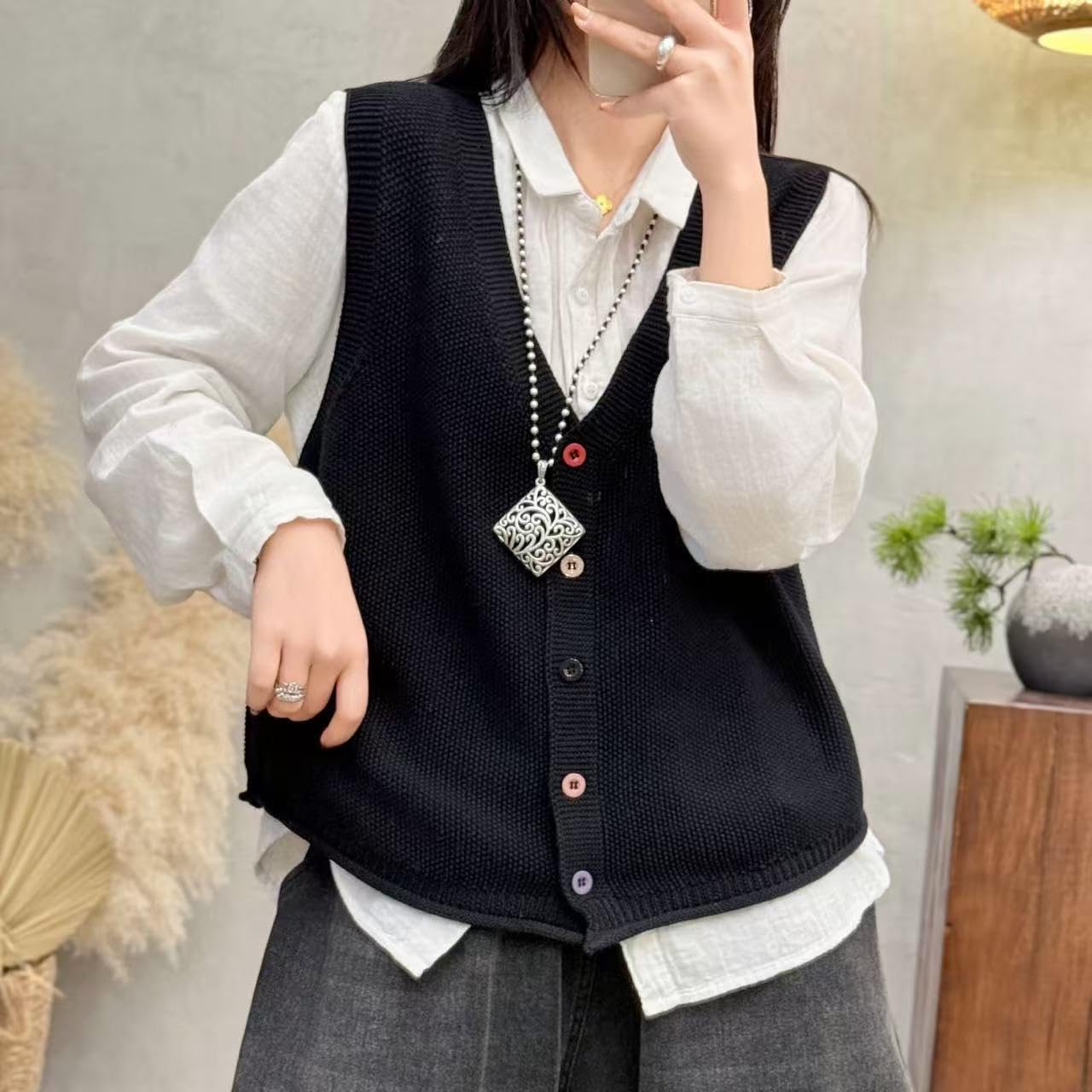 Strickweste Damen Ärmellos Damen Baumwollweste Ärmellos V Ausschnitt Mehrfarbig Mit Knopfleiste Strickweste Süß Locker Gestrickt Tanktop Herbst Basic Kurze Pullunder