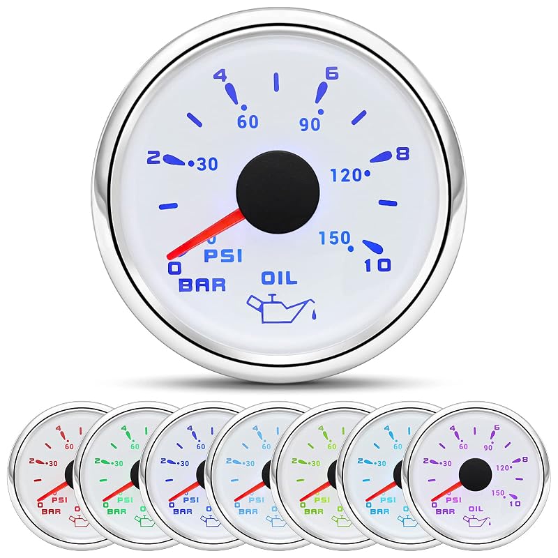 Manômetro elétrico de pressão do óleo ARTILAURA 52 mm, 0–150 PSI, 0–10 bar, 7 cores – 1 unidade