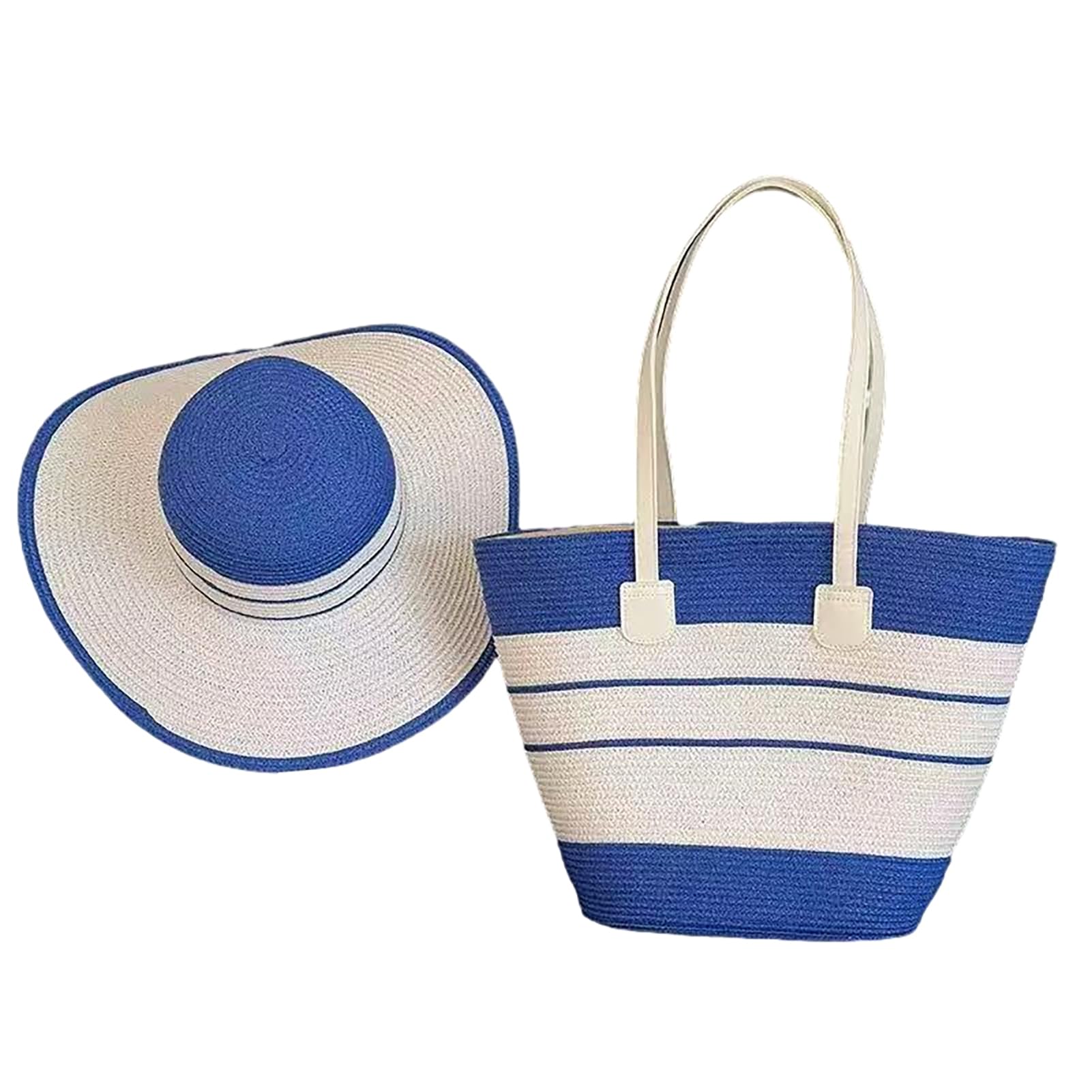 Lot de 2 chapeaux de plage à larges bords rayés en rotin avec sac fourre-tout tissé à la main et sac à bandoulière portable pour vacances, pique-nique, bord de mer