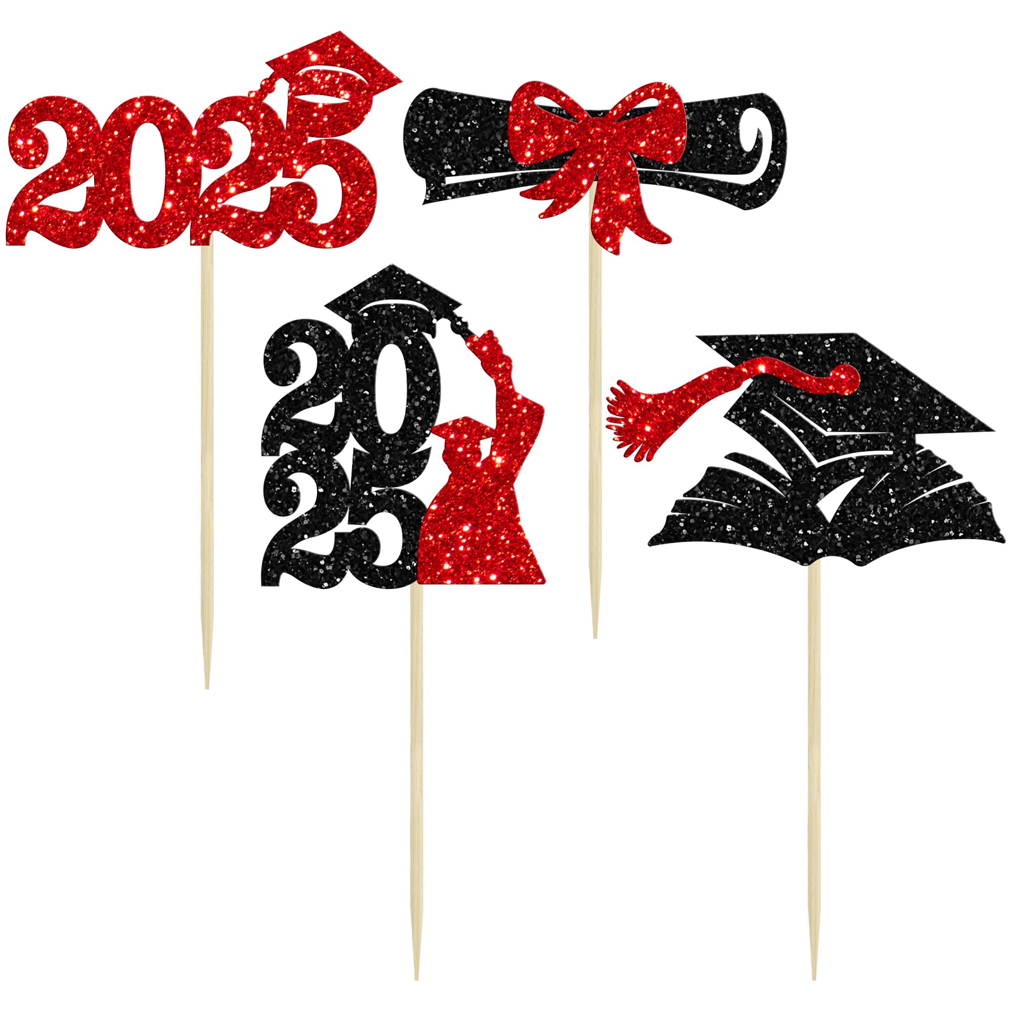 Gyufise 36Pcs 2026 Graduation Theme Cupcake Toppers Glitter Class of 2026 Cupcake Picks Diploma Graduation Cap Cake Decorations for 2026 Graduation Theme Party Decorations Supplies Red - Image 3