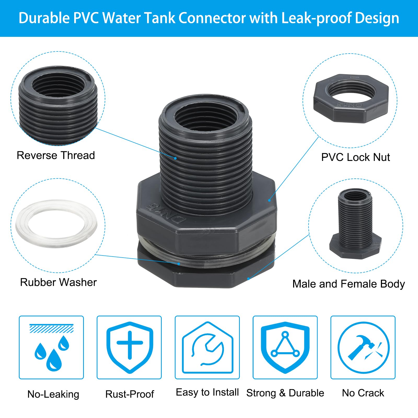 PATIKIL PVC Bulkhead Fitting G 1/2, 10 Pcs Double Threaded Bulkhead Water Tank Connector with PVC Seal Gasket for Rain Bucket, Sinks, Aquariums, Grey - Image 3