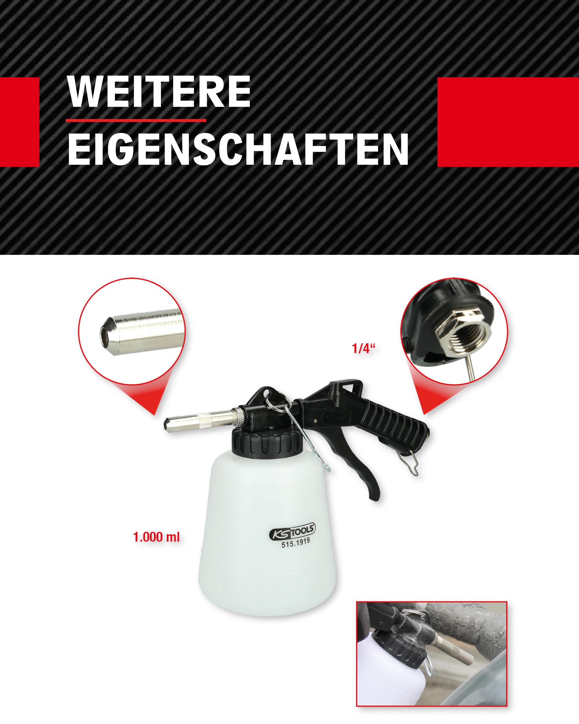 KS Tools Druckluft Reinigungspistole 515.1919 1L I Soda Reinigungspistole Druckluft ideal zum Reinigen von Oberflächen wie Glas, Kunststoff, Gummi, Holz & Stein