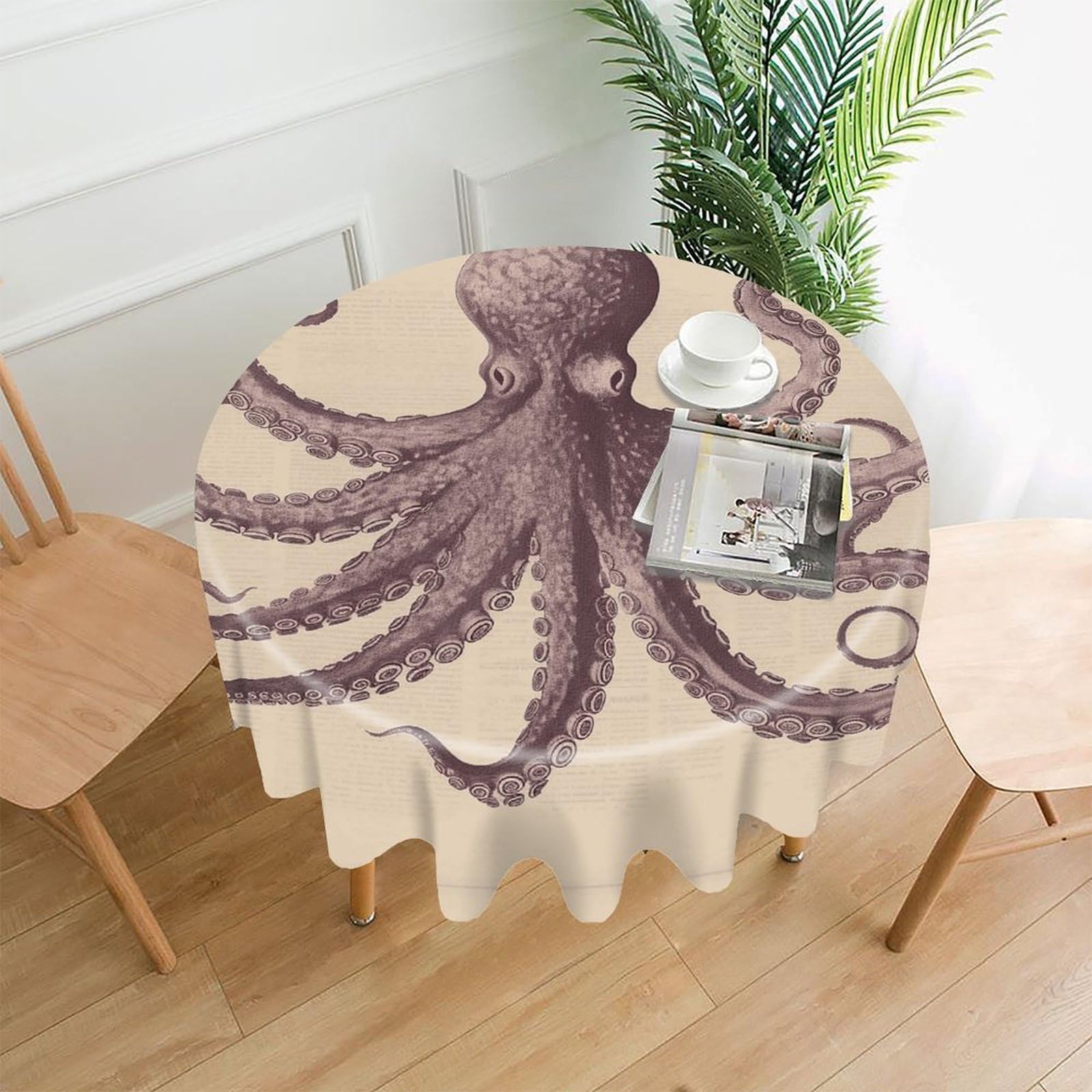 MUSM 60 Inch Vintage Octopus Round Tablecloth Wipeable Washable Table Cover for Kitchen and Dining Room Decorative Table Cloth for Party Holiday Picnic Outdoor