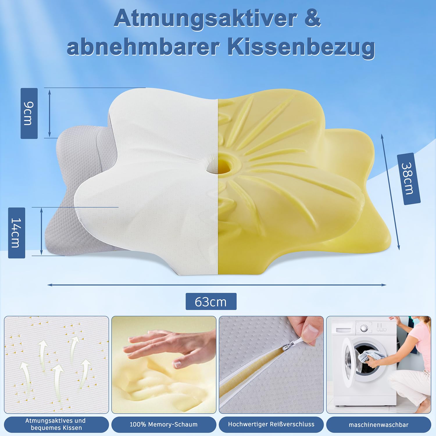 DONAMA Memory Foam Nackenkissen Ergonomisch, 6-Zonen-Kontur, Kühlend & Atmungsaktiv, mit Armauflage & Zwei Höhen