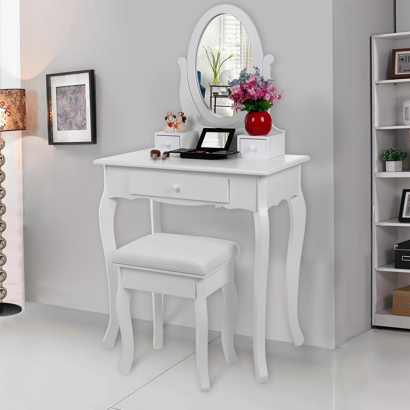 SONGMICS Toaletka z 3 szufladami z lustrem taboretem, 70 x 130 x 40 cm (szer. x wys. x głęb.), biała RDT004