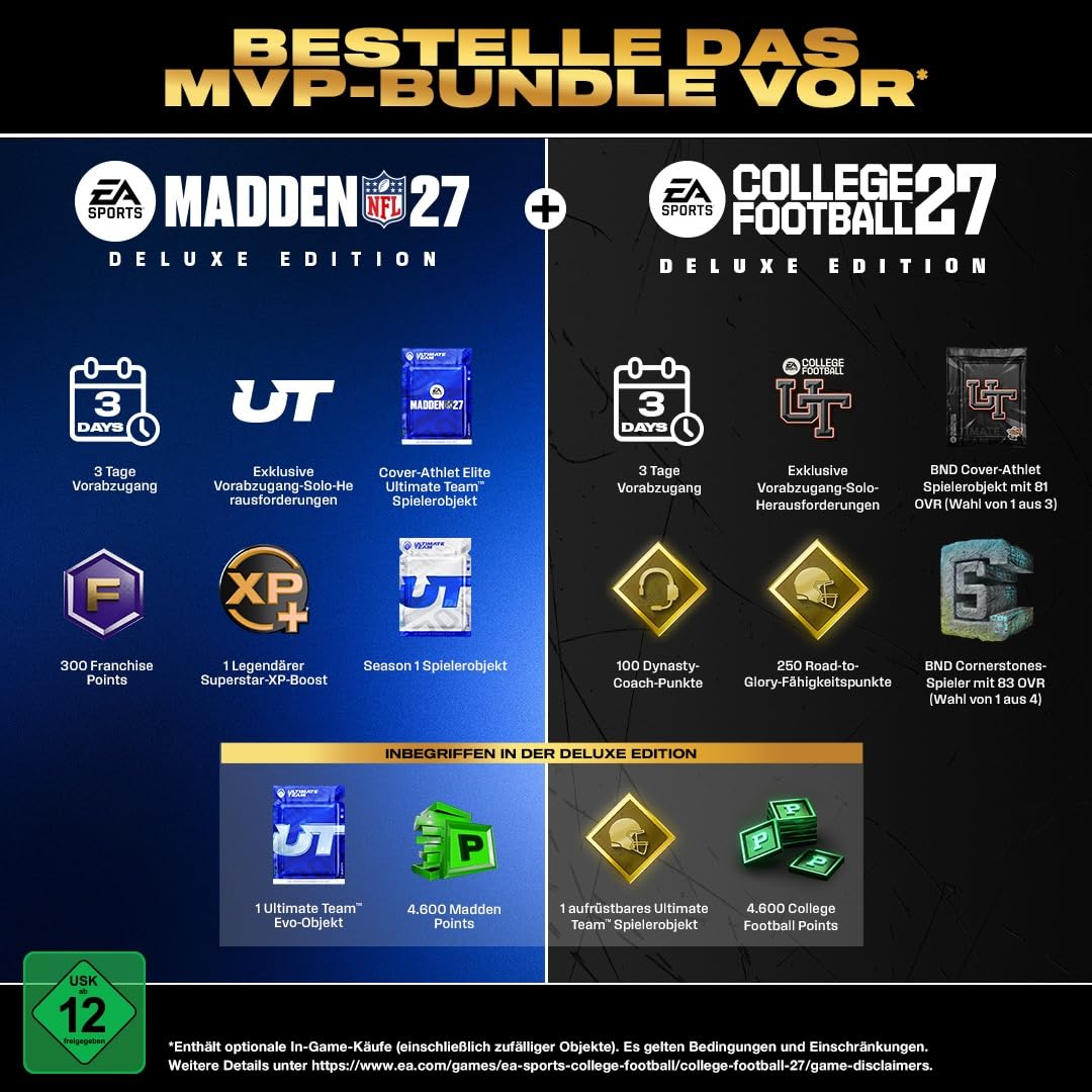 EA SPORTS MVP Bundle (College Football 27 Deluxe Edition & Madden NFL 27 Deluxe Edition) PCWin | Download Code EA App | Deutsch Deluxe | PC Code - EA App