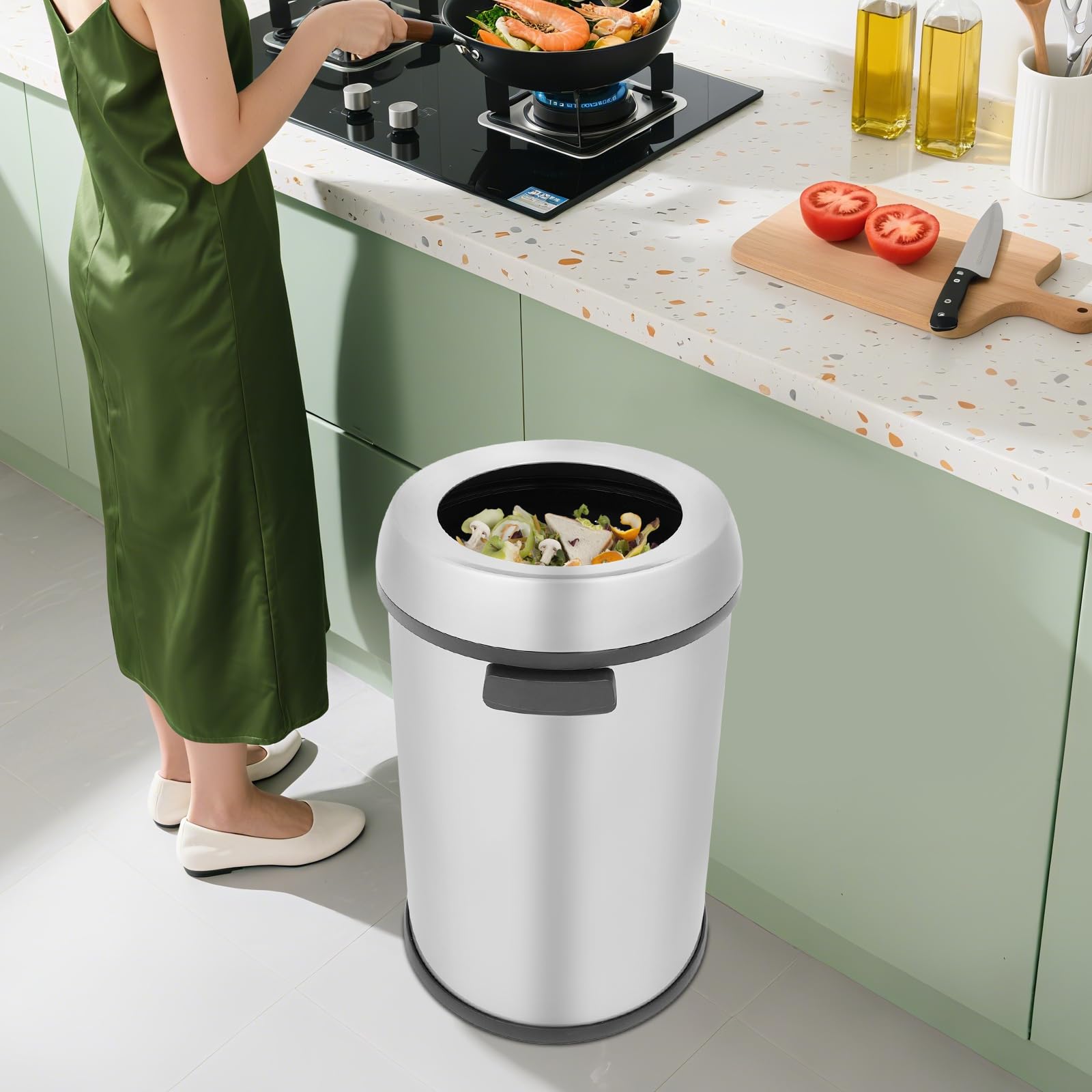 Cubo de basura de cocina, cubo de basura de acero inoxidable con tapa extraíble, 65 l, cubo de basura abierto para restaurantes, corredores de centros comerciales, vestíbulos de hotel, áreas