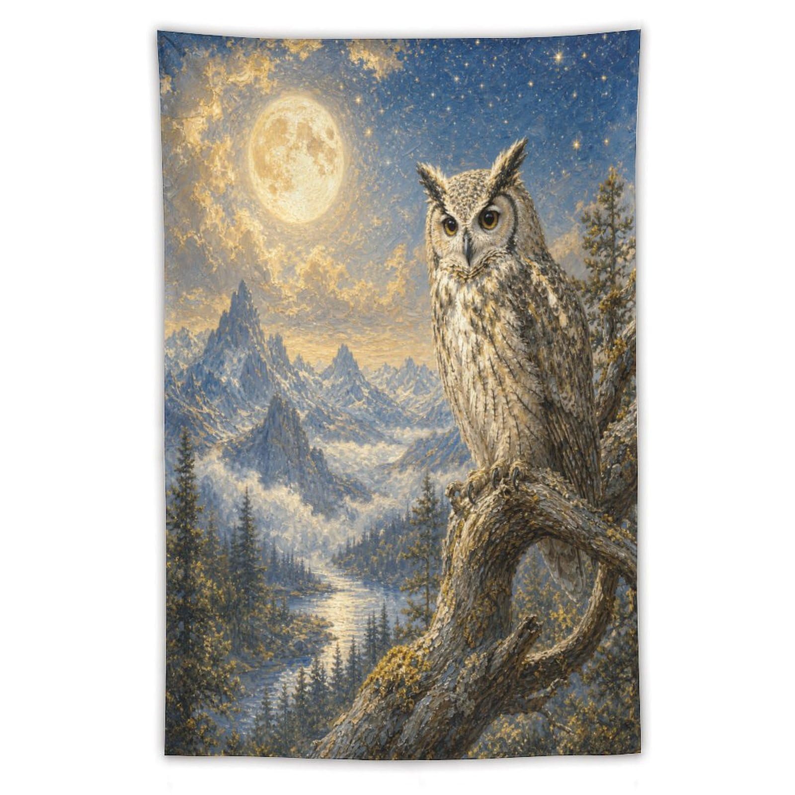 W7C8U2X3 Snowy Owl under Moon Wall Tapestry, Fantasy Illustration, Office