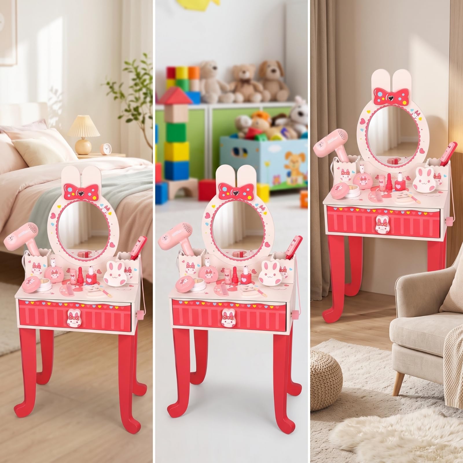 Tocador con Espejo Compacto Mesa Maquillaje con Espejo Resistente Mueble para Niñas, Niños