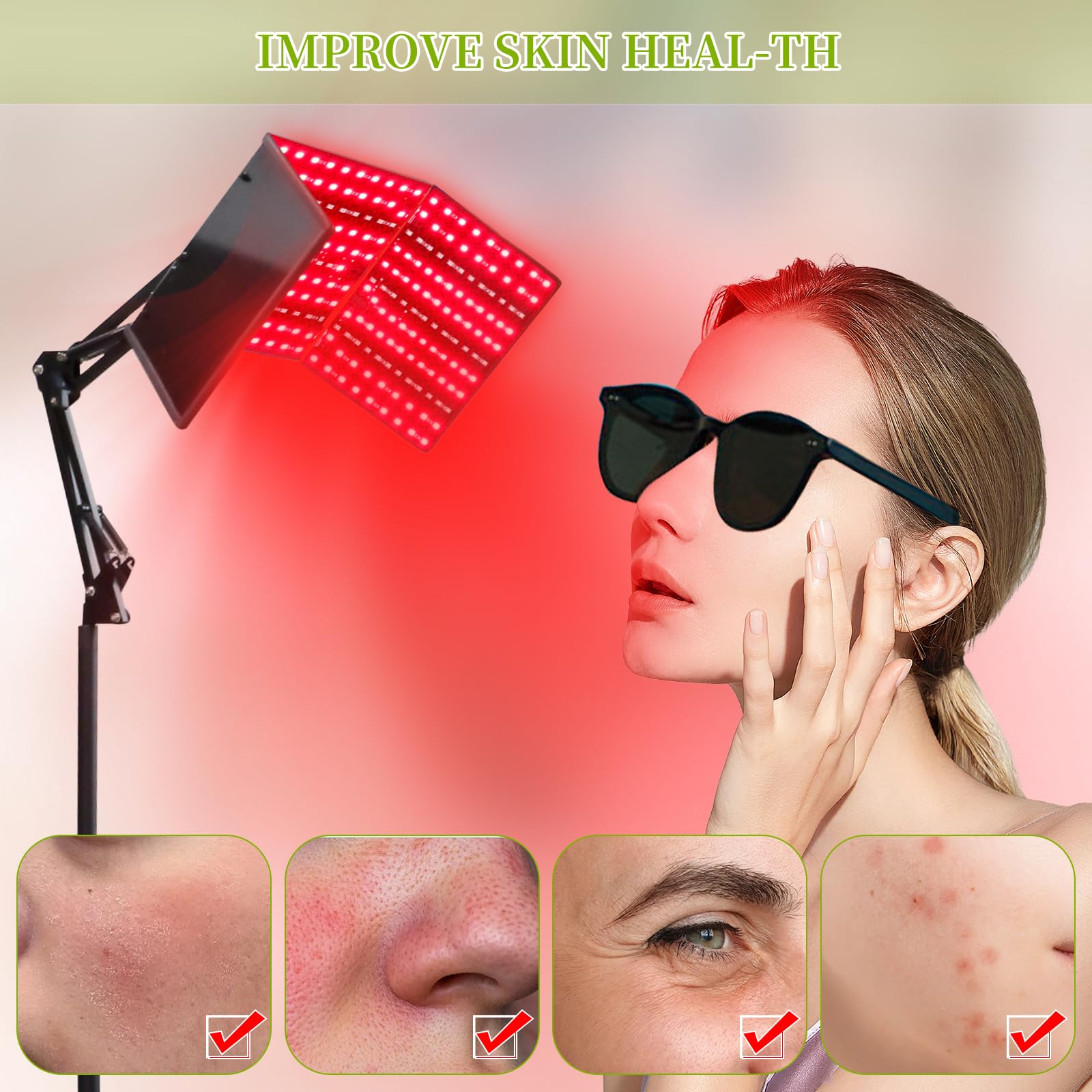 Lampa do terapii światłem czerwonym z 480 diodami LED, 660 nm i 850 nm, regulowany stojak, 6 ustawień czasu, 5 poziomów jasności, 3 tryby światła do twarzy i ciała