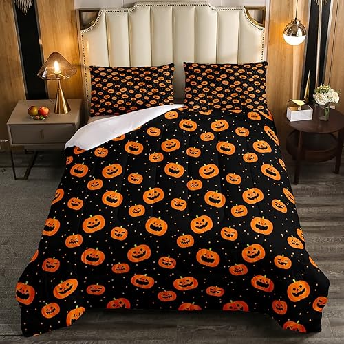 Feelyou Juego de edredón con estampado de farol de calabaza, juego de ropa de cama de Halloween para niños y niñas, decoración de calabaza de
