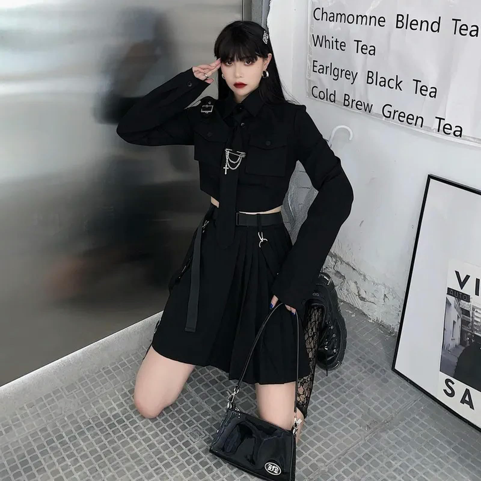 WEITING Gothic-Kleidung für Damen, Faltenrock, Langarm-Shirt, zweiteiliger Anzug, Harajuku, Vintage, koreanischer Punk-Stil, schwarzes Set, Kleid-zweiteiliger Anzug-XL