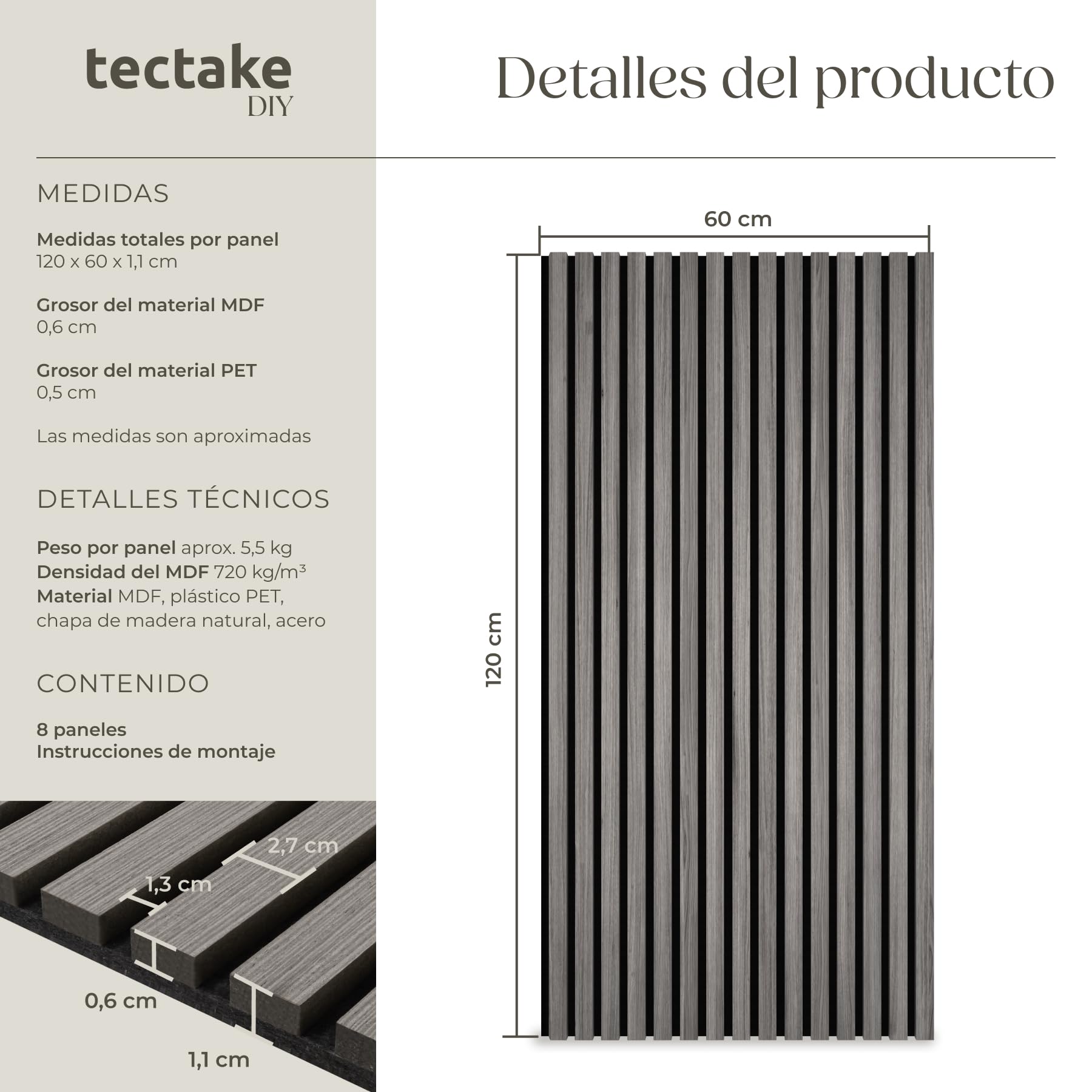 tectake® Paneles Acústicos 120 X 60 X 1,1 Cm, Chapa de Madera Auténtica