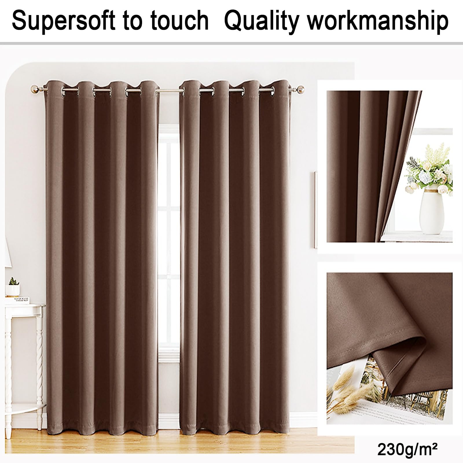 LONGCAO 1 Pezzi Tende Oscuranti per Interni 90 x 210 cm Termiche Isolanti, Anti-Rumore, con Anelli, Tenda Moderna Tende Termiche, Coppia per Decorazione e Divisorio Stanze, Marrone