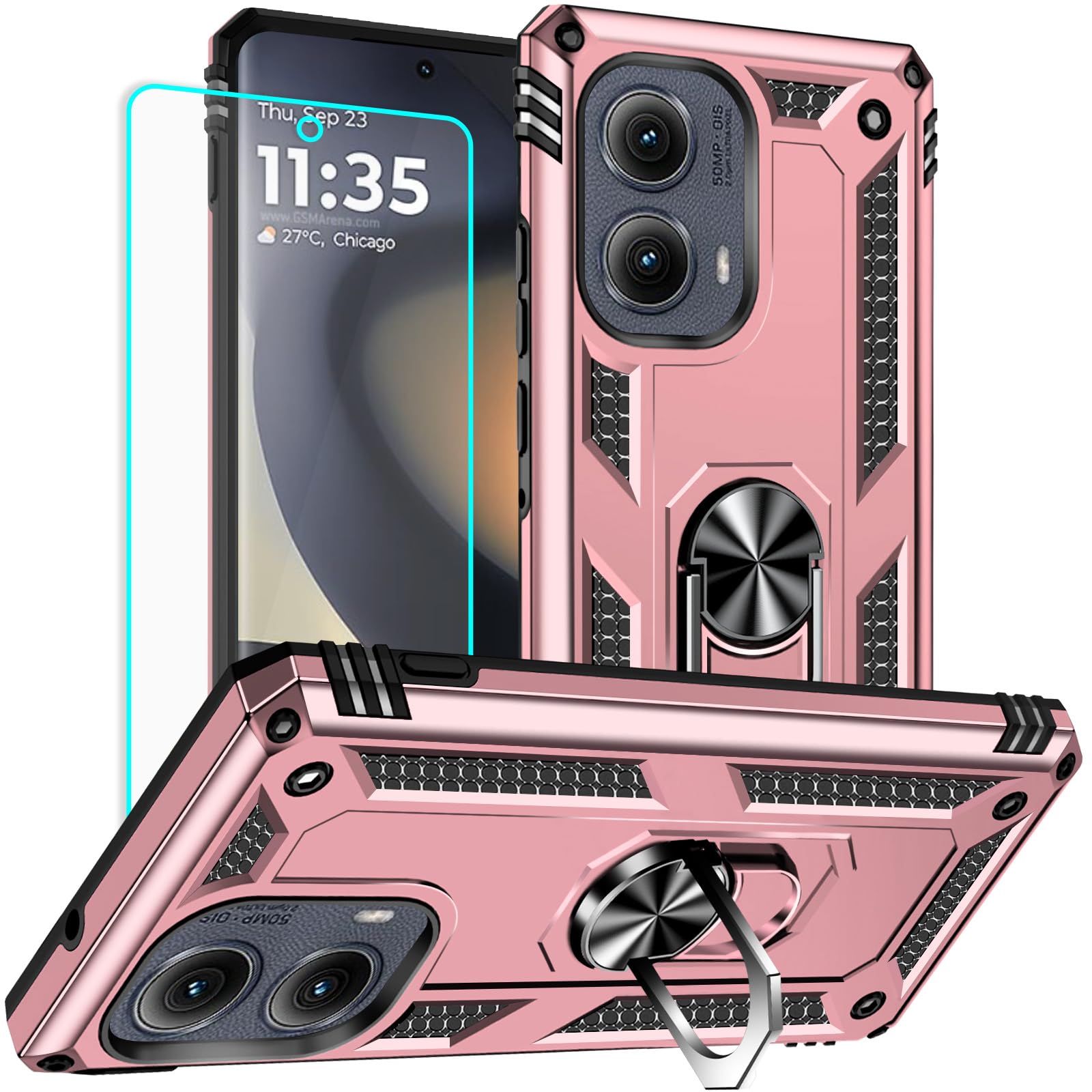 Yiakeng for Motorola Edge 2024 Case: with Screen Protector - Military Grade Protective Cases with Finger Ring Holder Kickstand for Moto Edge 2024(Rose