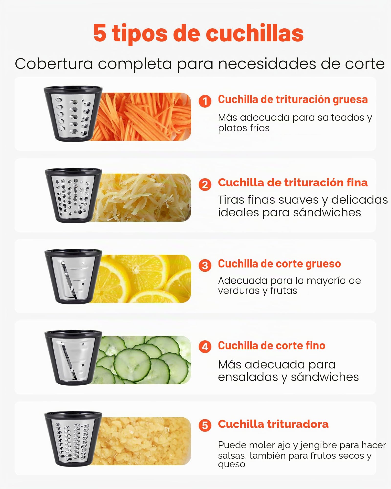 VEVOR Rallador de Queso Eléctrico 5 en 1, ABS, Cortador de Ensaladas de 200 W, con 5 Accesorios, Cuchillas de Acero Inoxidable para Verduras y Queso, Corte Rápido, 240 x 125 x 270 mm, Blanco