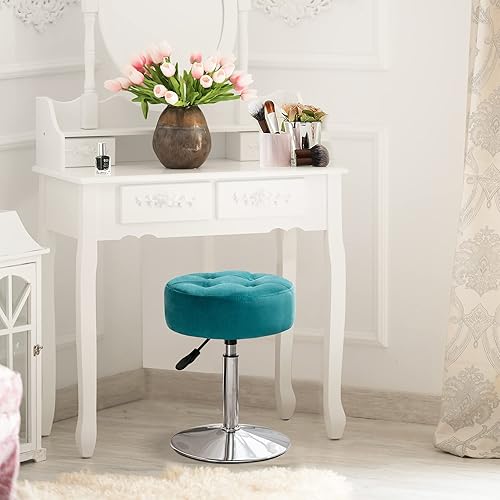 Miniatura 3 de LUE BONA Taburete de tocador ajustable, silla giratoria de 360 grados para sala de maquillaje, taburete de piel sintética verde azulado para baño y