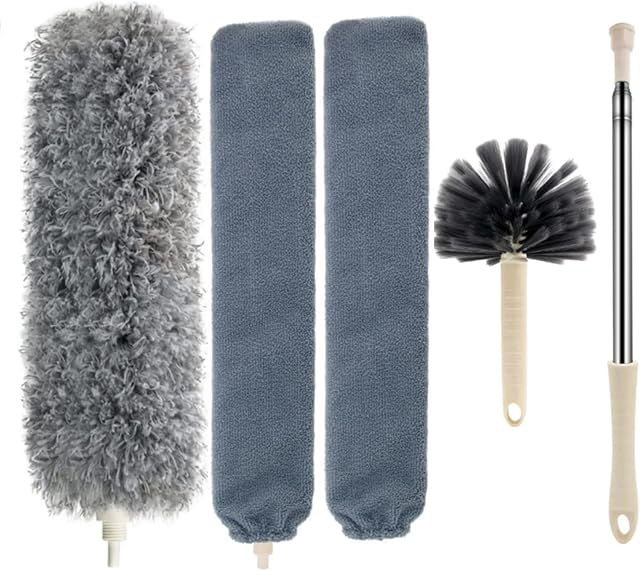 4 PCS Extendable Feather Duster, Microfiber Duster with 30''-100'' Telescopic Extension Pole and Super Soft Bristles, Easy to Absorb Dust Anti Static, Perfect for Cleaning Cobweb, Ceiling Fan, Car