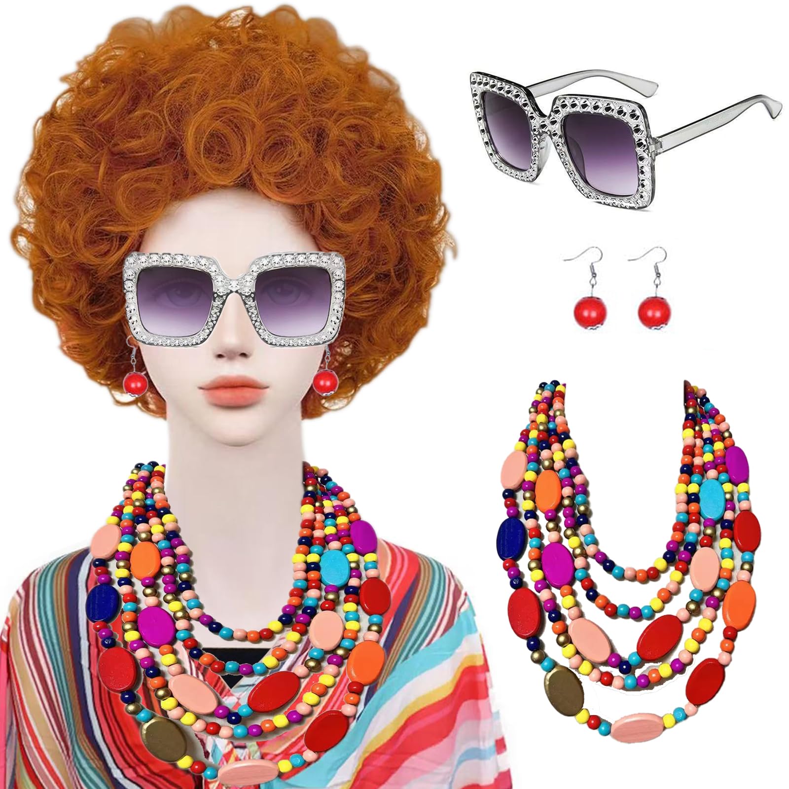 Aqnhec Red Orange Cosplay Wig with Necklace Earrings and Sunglasses for Women Short Curly Reddish Wig for Landlady Costume Heat Resistant Synthetic
