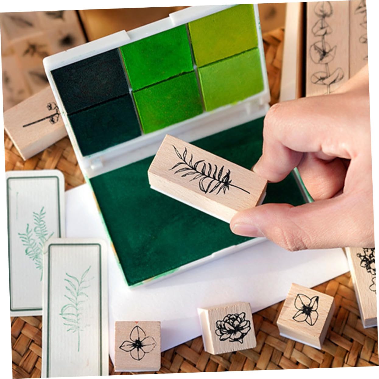 Housoutil 4 Sätze Pflanzensiegelsatz Kleine Briefmarken Stempeln Für Zeitschriftenstempel Journaling Scrapbooking-stempel Mini Symbol-tagebuchstempel Pads Holzstempelset Holzmarken Hölzern