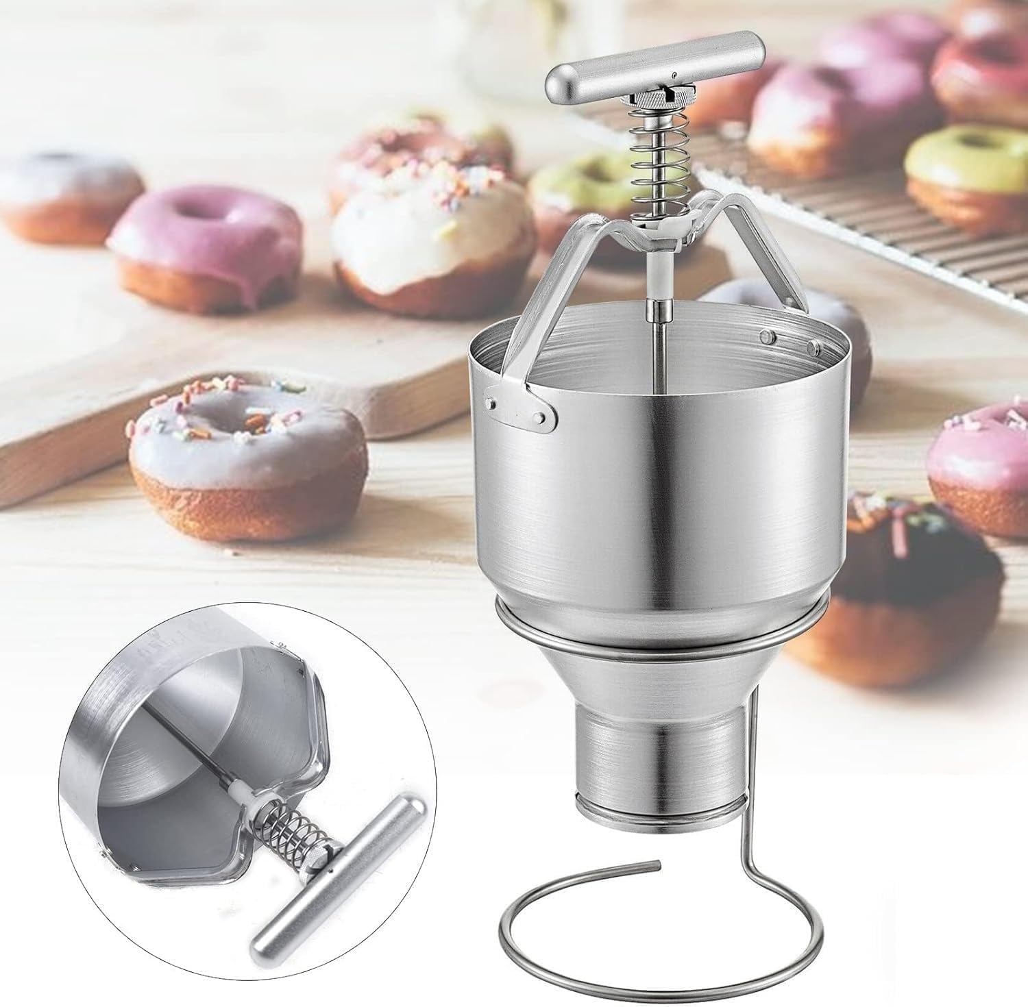 3L Manual Donut Doughnut Mold, Mini Stainless Steel Donut Batter Dispenser, 6 Thicknesses Adjustment, Donut Dropper Hopper with Stand, Donut Depositor, For Restaurant Cafe Bakery Kitchen.