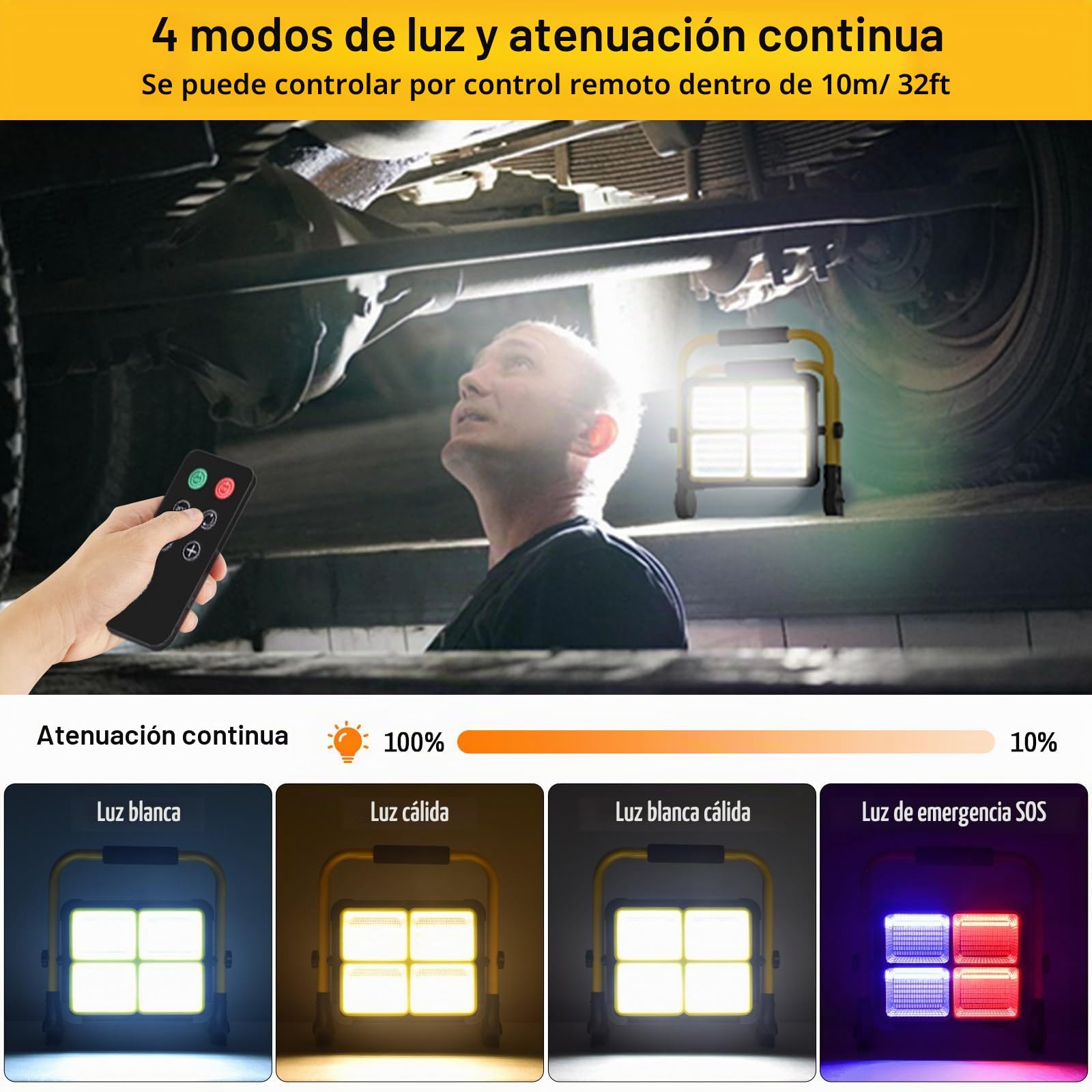 MASMEJOR Foco LED Recargable Solar, 16000LM, 15000mAh, Mando a Distancia | 160W, 552 LEDs, Soporte Metálico, 4 Modos de Luz, Salida USB, Portátil para Camping, Construcción, Garaje, Pesca, Emergencia