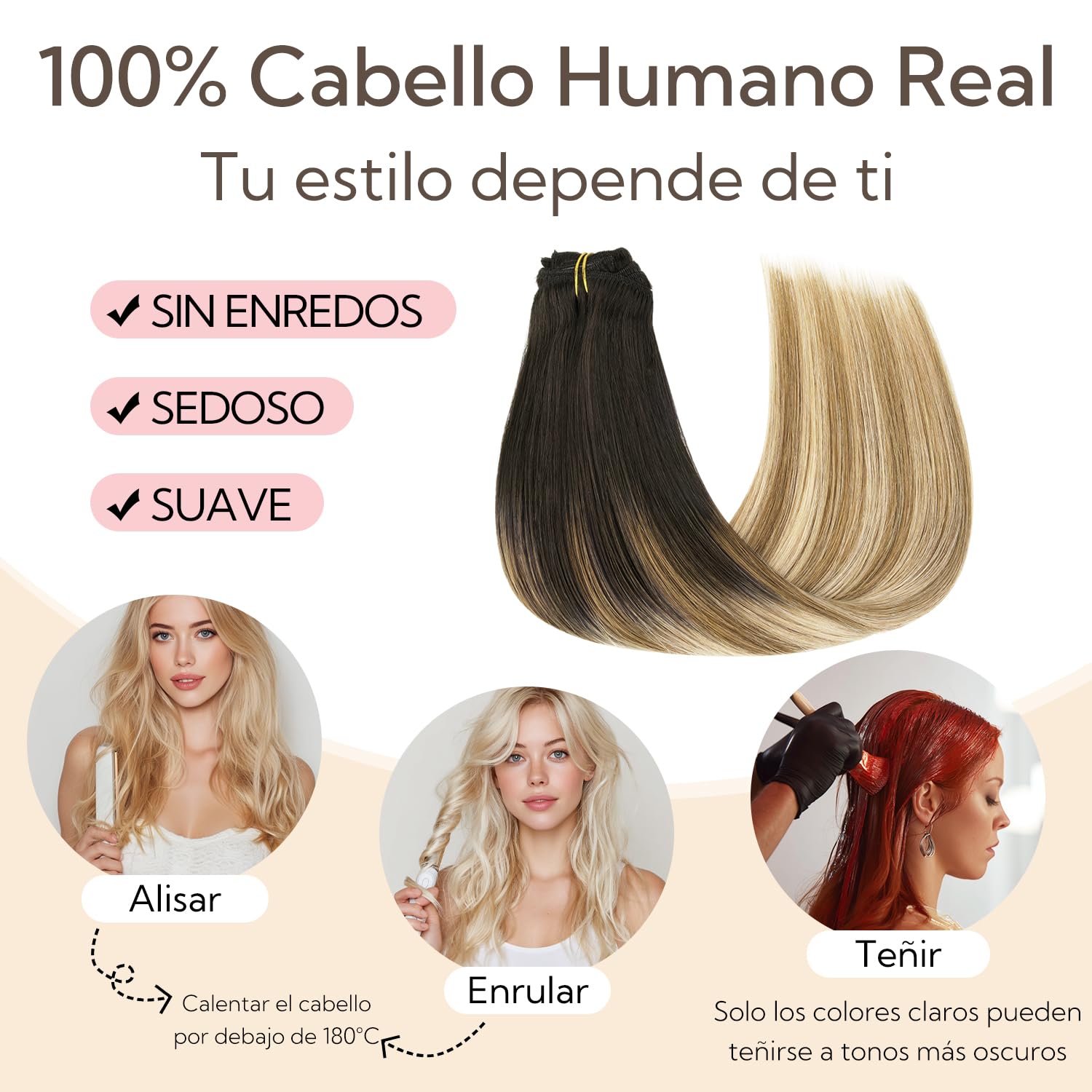 hotbanana Clip Extensiones de Cabello Natural, Mujeres Extensiones de Cabello Humano Eeal Pelo Rizado De castaño oscuro a castaño y rubio sucio con mechas 35cm 120g 7pcs