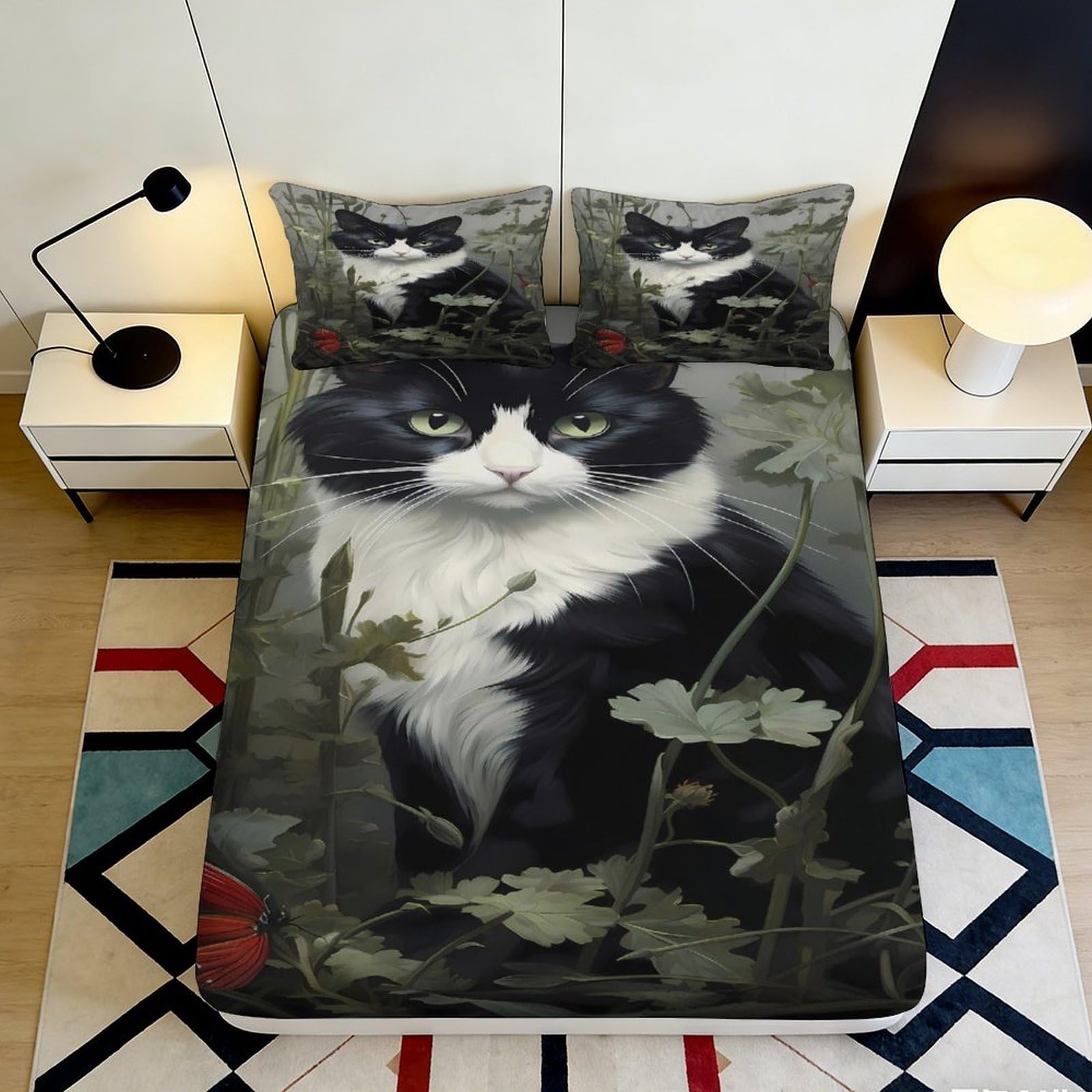 3D Printed Cat Design Fitted Sheet Microfiber Deep Pocket Non-Slip Bedroom Bedding Cat Mattress Fitted Cover Machine Washable 140x200x25cm
