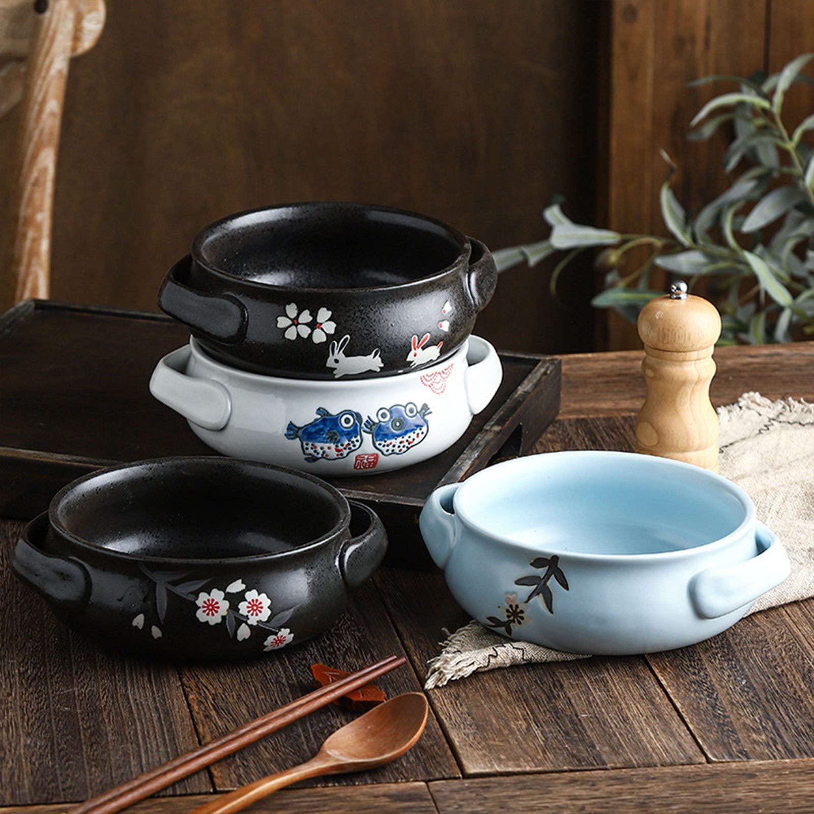 Cuenco para ensalada, cuencos para sopa, cuenco de cerámica con asa, cuenco de ramen de cerámica, cuencos Pho grandes, cuenco de sopa apto para microondas, cuenco de fideos Udon-conejo-23x20x7cm, 80