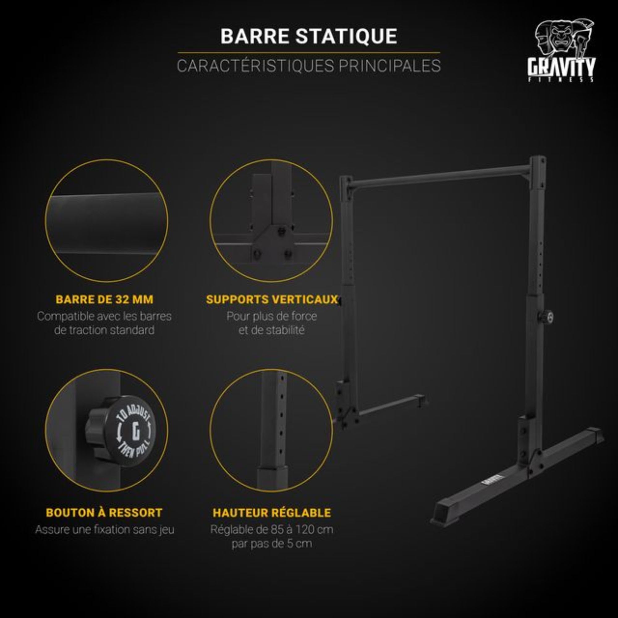 Gravity Fitness Calisthenics Barre Statique - Hauteur Réglable 85-120cm - Support de Fitness Antidérapant pour Home Gym, Bodyweight & Musculation - Gymnastique Pull-Up Bar
