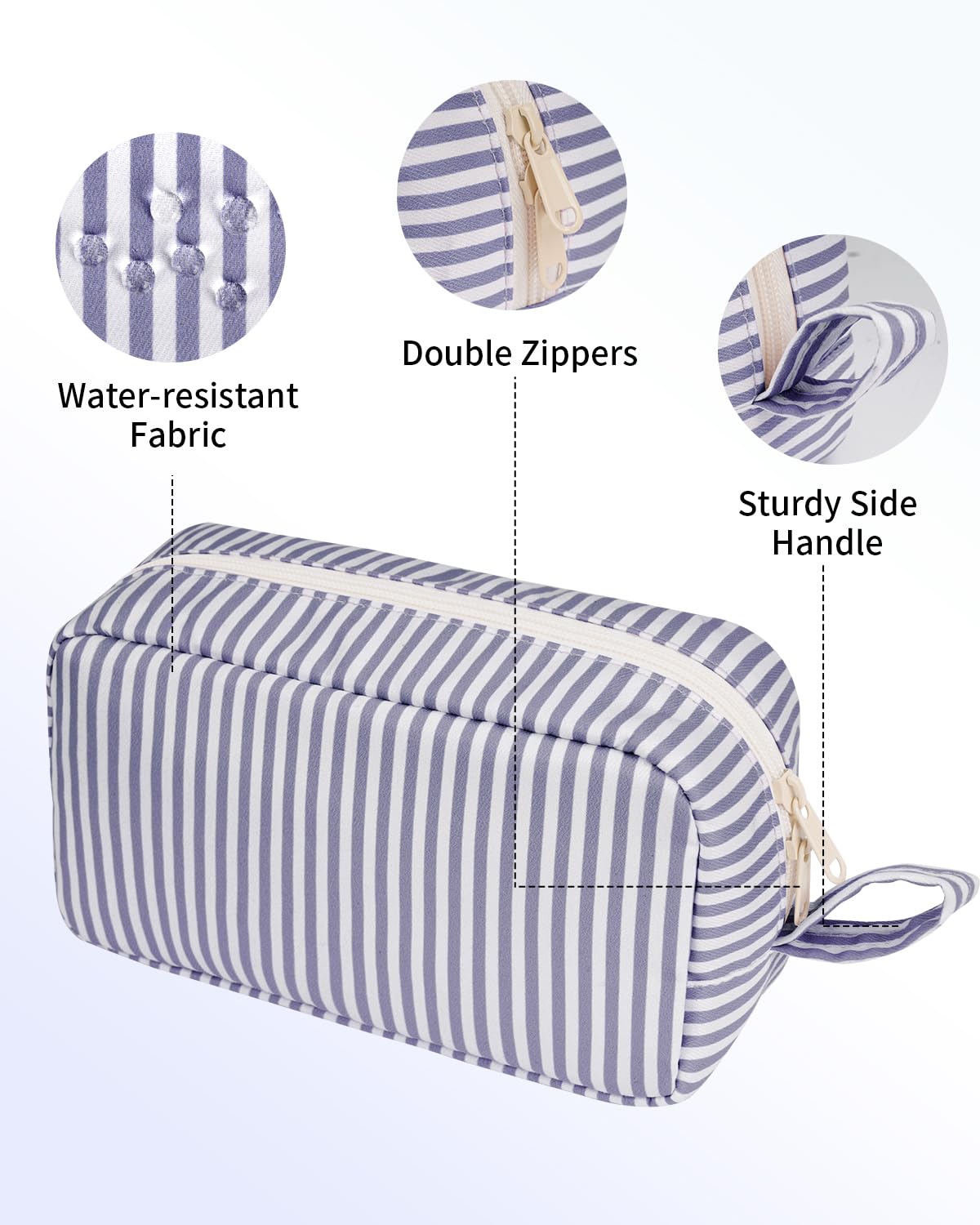 Large Makeup Bag Travel Toiletry Wash Bag Cosmetic Organizer Make Up Bags for Women (Greyish Blue Stripe, Large) — view 8