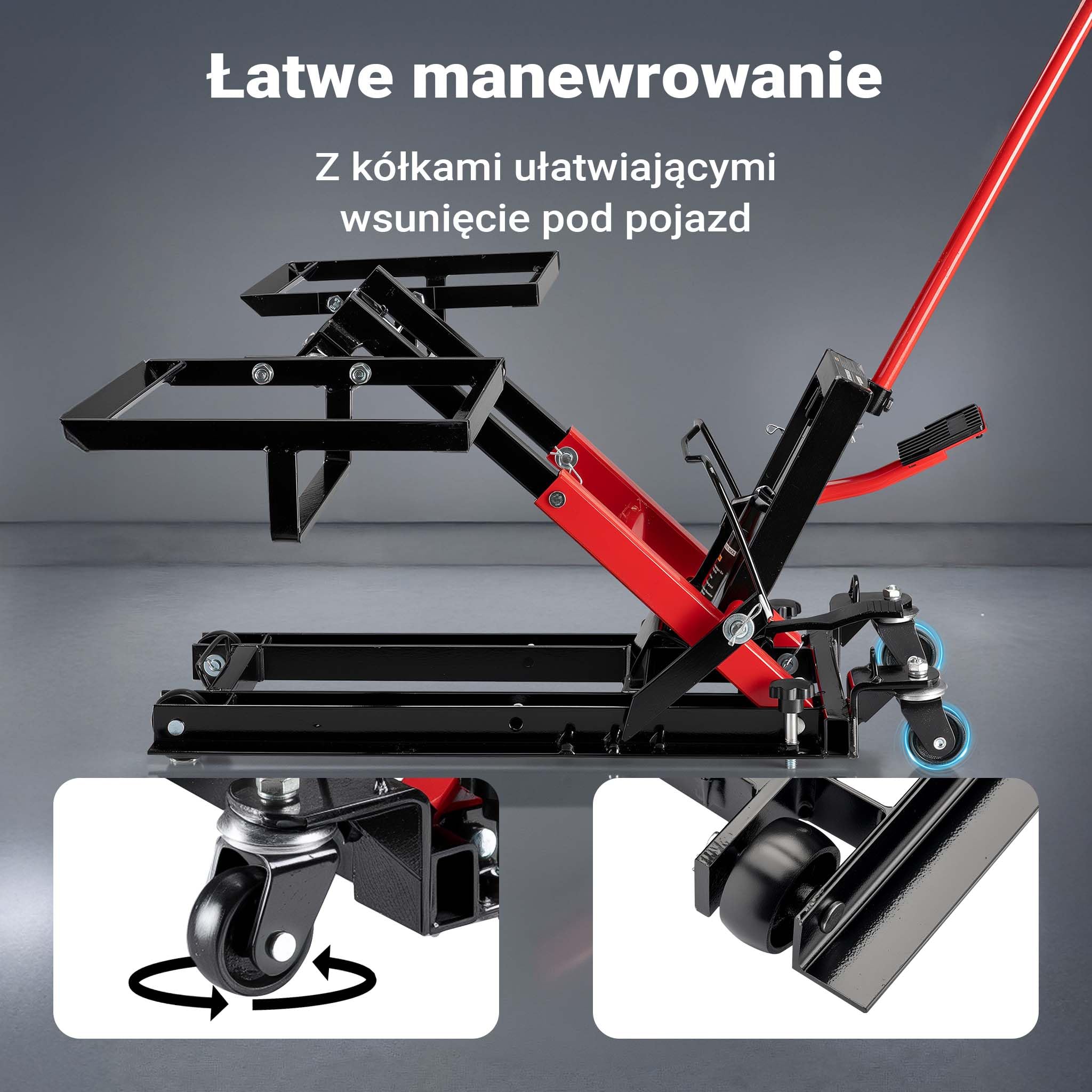 Wiltec Podnośnik hydrauliczny 3-w-1 do motocykli, quadów i kosiarek, maks. wysokość 530 mm maks. 300 kg nośności, mobilny lewarek