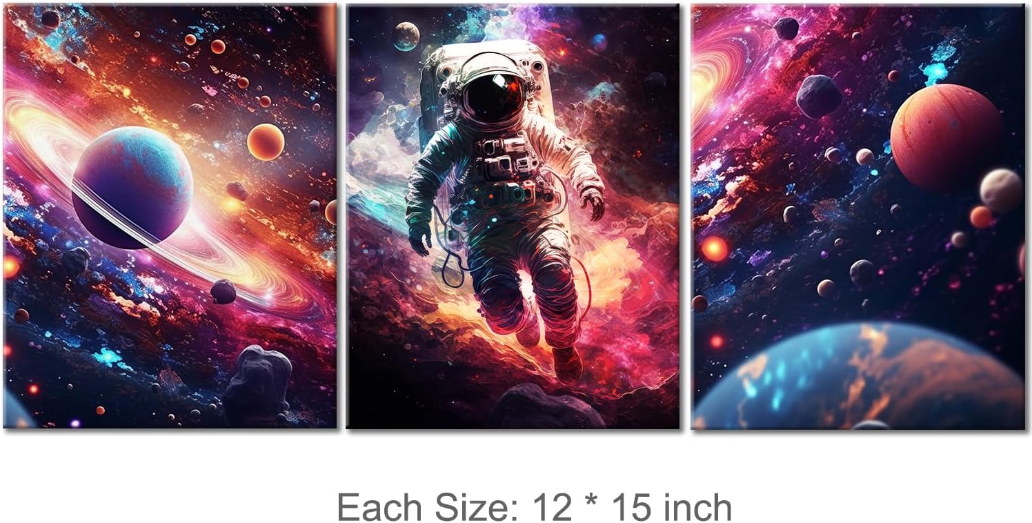 Yuzi-n Outer Space Room Decor for Boys, Planet Astronaut Wall Art Decor for Teen Boy Bedroom Living Room, Galaxy Space Posters Pictures Set of 3 (12x15 Inches)