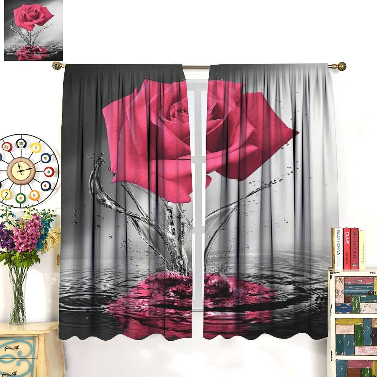 Pink Rose Curtains Blooming Floral Spring Flower Water Reflection Modern Romantic Curtain with Rod Pocket for Bedroom Living Room Home Drapes Window Treatments 2 Panels Set 42" W X 45" L
