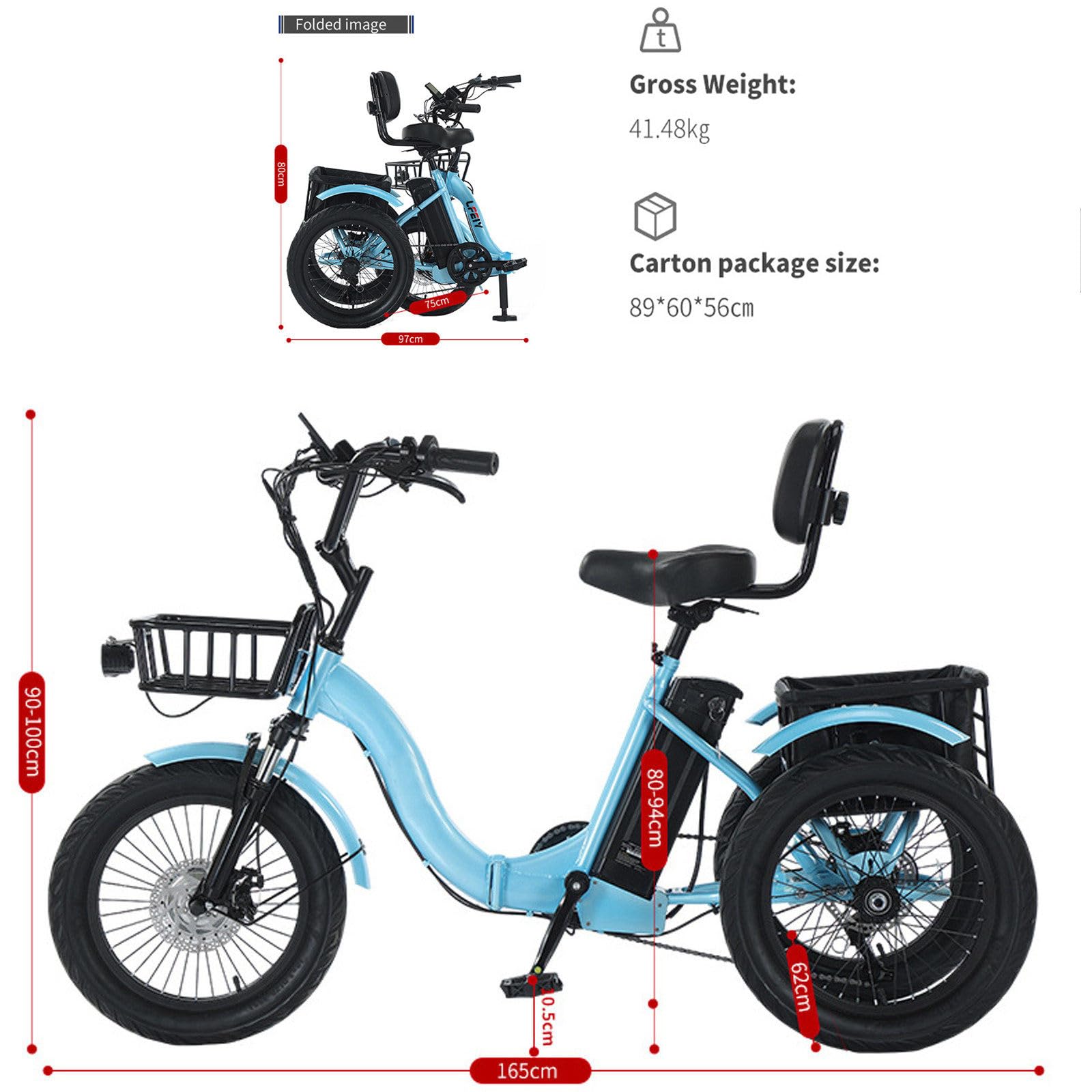 Klappbares E-Trike mit Großen Körben Senioren mit Sitz Elektrodreirad mit Gepäckkorb Breitreifen für Zusammenklappbar, Leichter Einstieg 18Inch-Blue