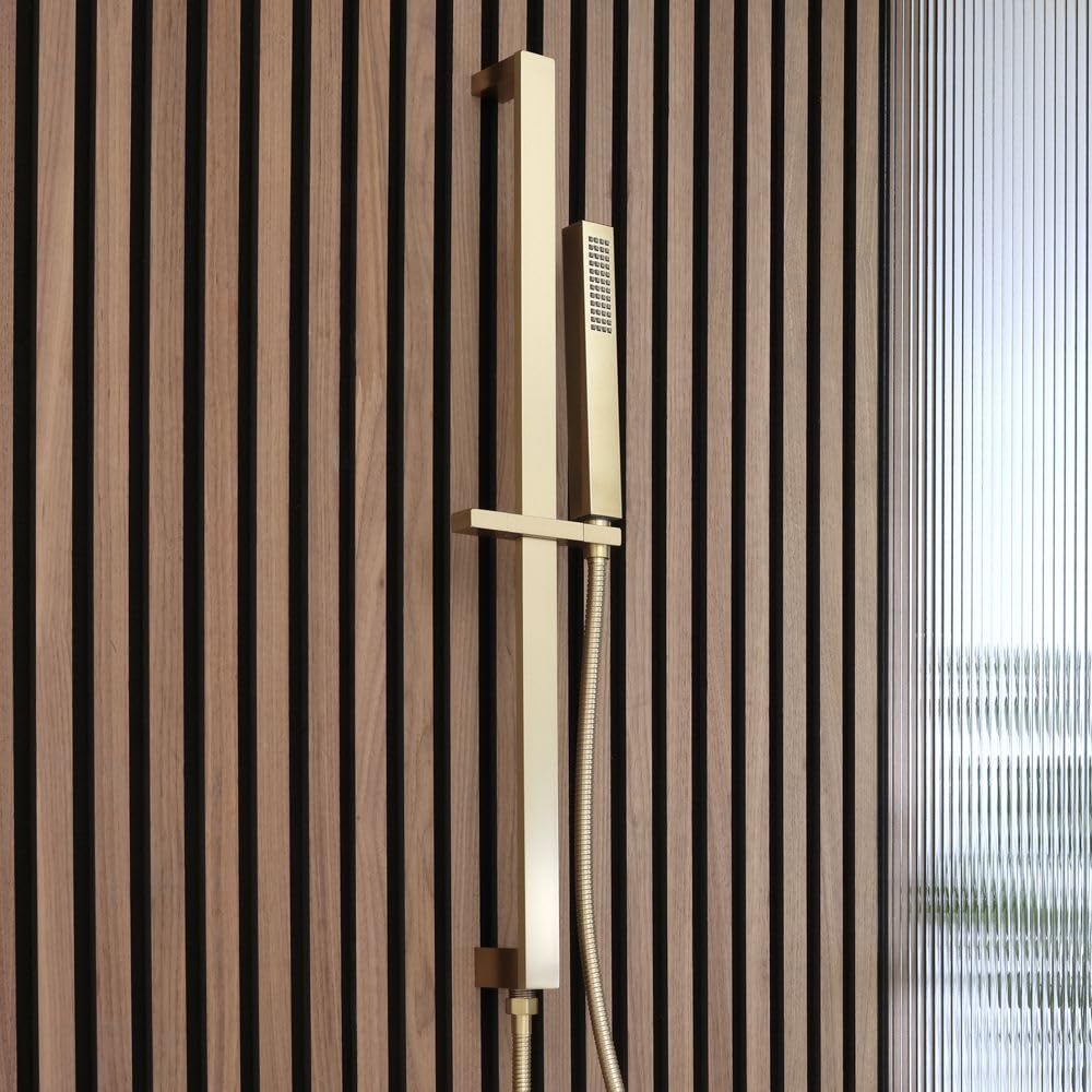 Milano Lyra Square Hand Shower Handset Hose Integrated Elbow Riser Rail - Brushed Brass