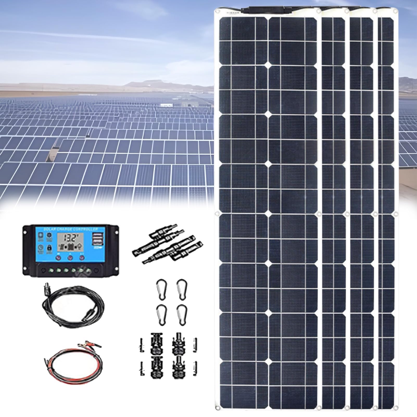 Pannello Solare monocristallino in ETFe stratificato Flessibile, 600 W, Pannello Solare Ultrasottile, con regolatore 40 A, per Uso Fuori Rete, Camper, roulotte, Barca, Tetto. 4×200w