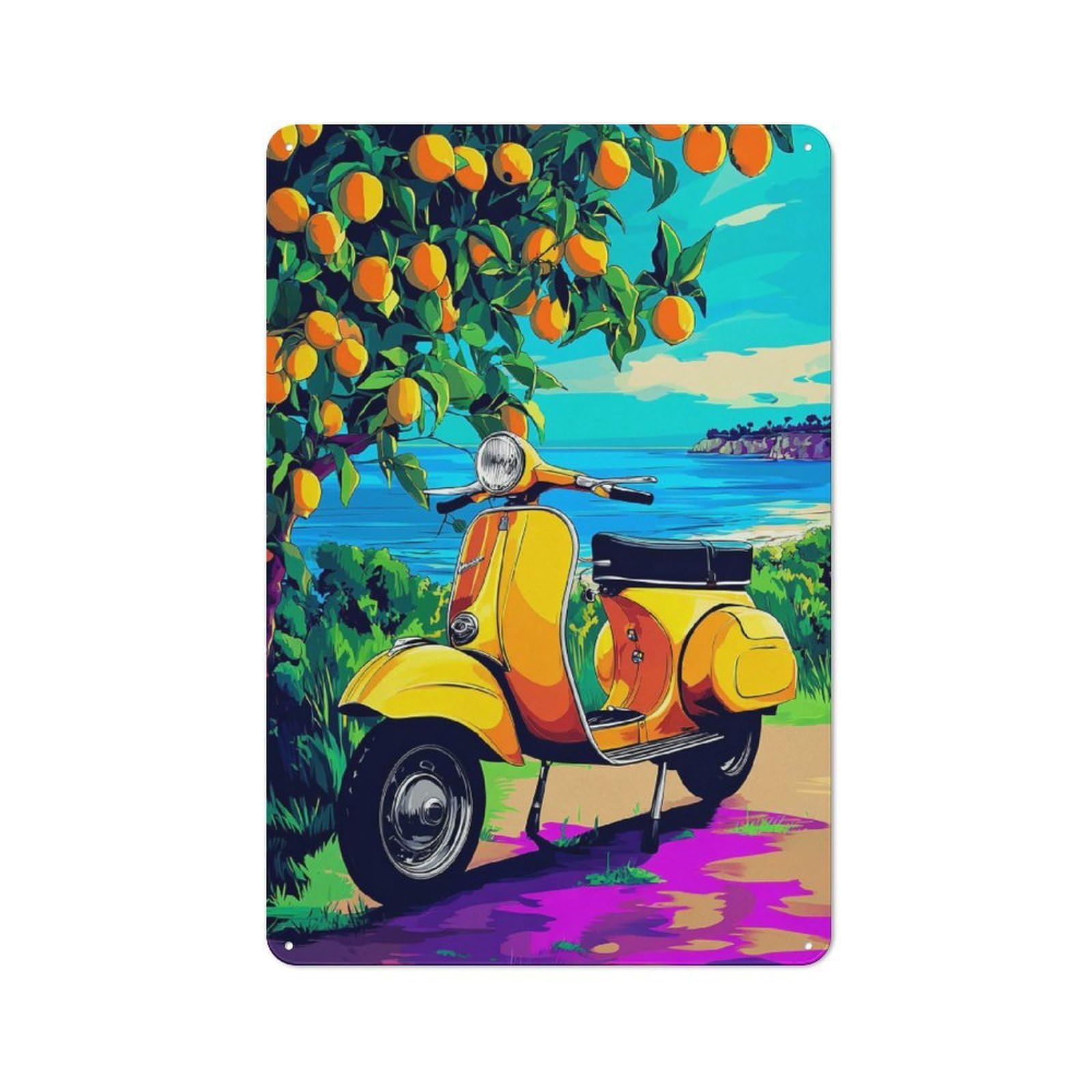 Junmoney Vibrant Scooter By The Sea -1 Vintage Metal Plaque 30X20cm For Café Or Restaurant, A Decorative Gift For A Newly Furnished Café And Restaurant